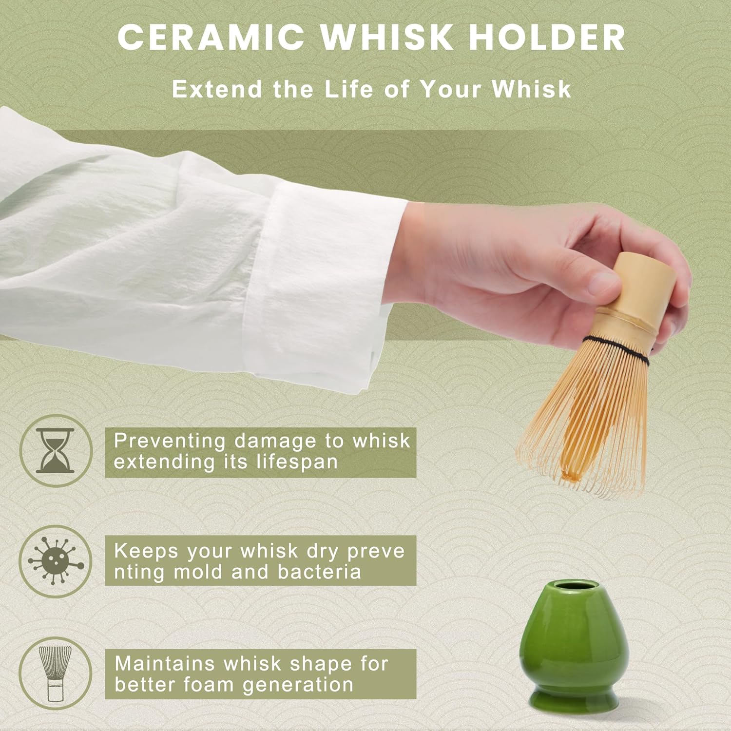 Matcha Whisk Set, Cactus Light Green Ceramic Matcha Set Includes Matcha Bowl, Matcha Whisk (Chasen) and Holder, Sifter, Bamboo Scoop & Spoon - 6 Pcs Matcha Kit for Matcha Lovers - Image 5