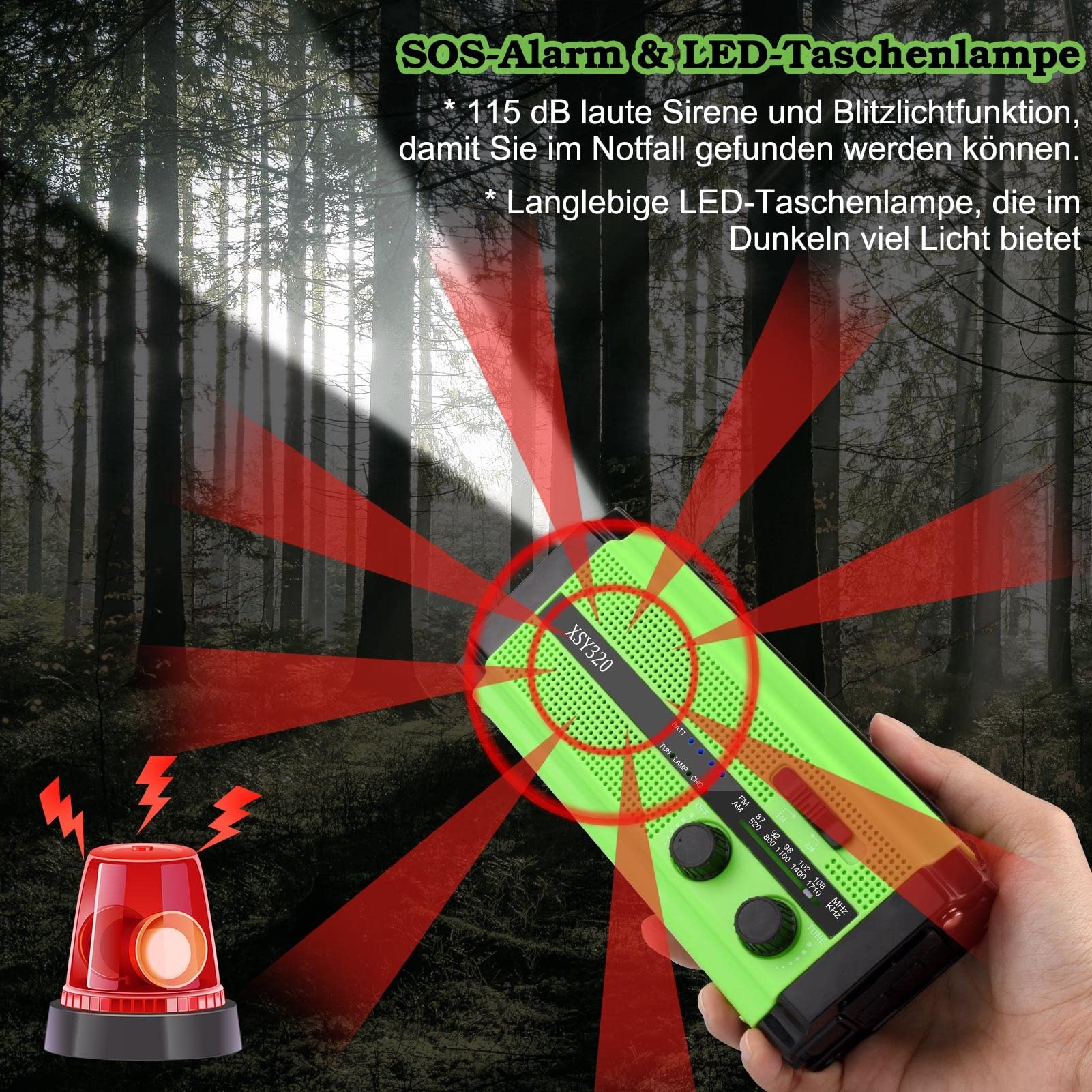 Radio Solar, Radio Portátil con Manivela y Dinamo Am/FM, Batería Recargable Incorporada de 5000mAh, 3 Modos de Linterna LED, Lámpara de Lectura LED, Alarma SOS para Emergencias, Outdoor (Verde)