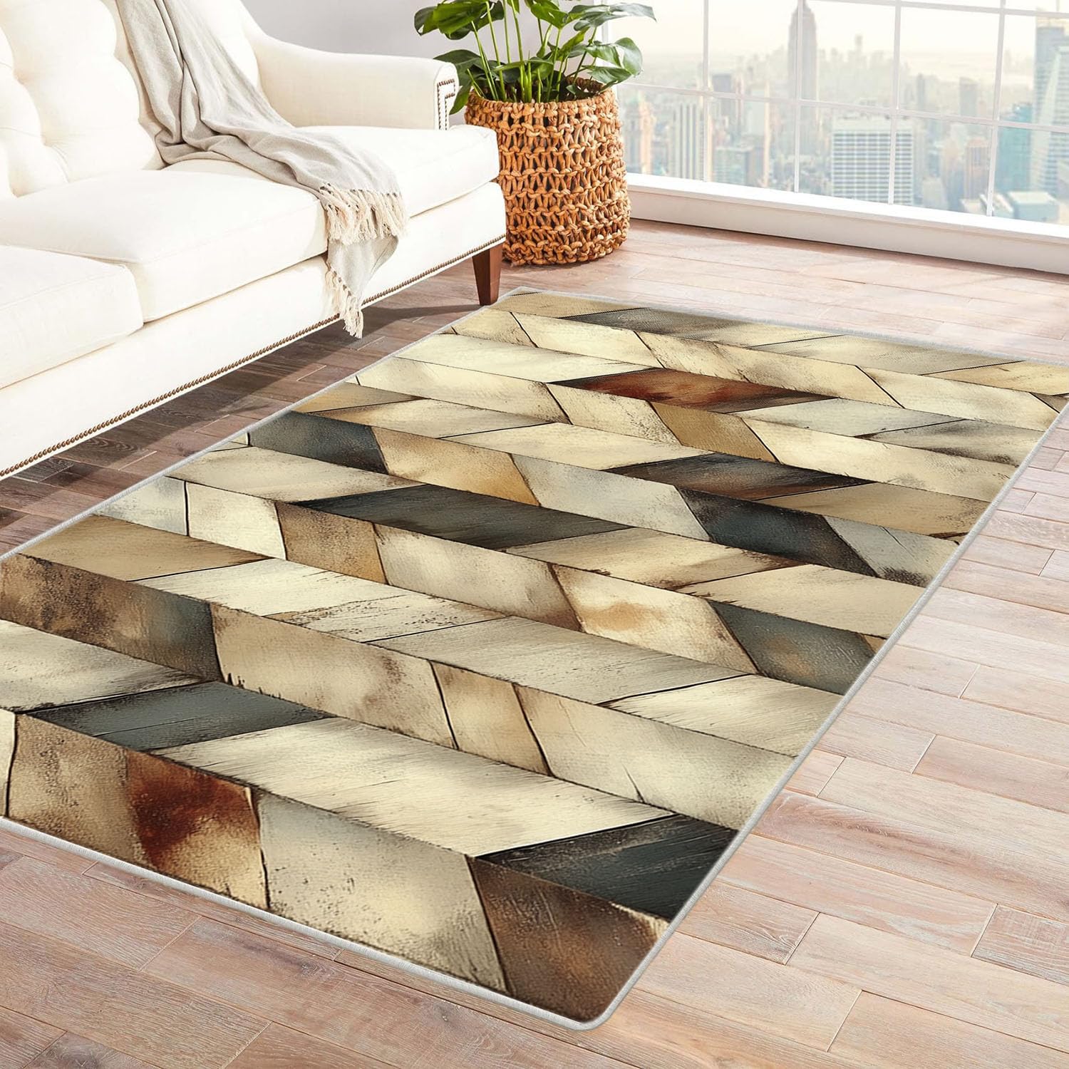 Tapis de salon lavable et antiderapant au design vintage beige pour le bureau