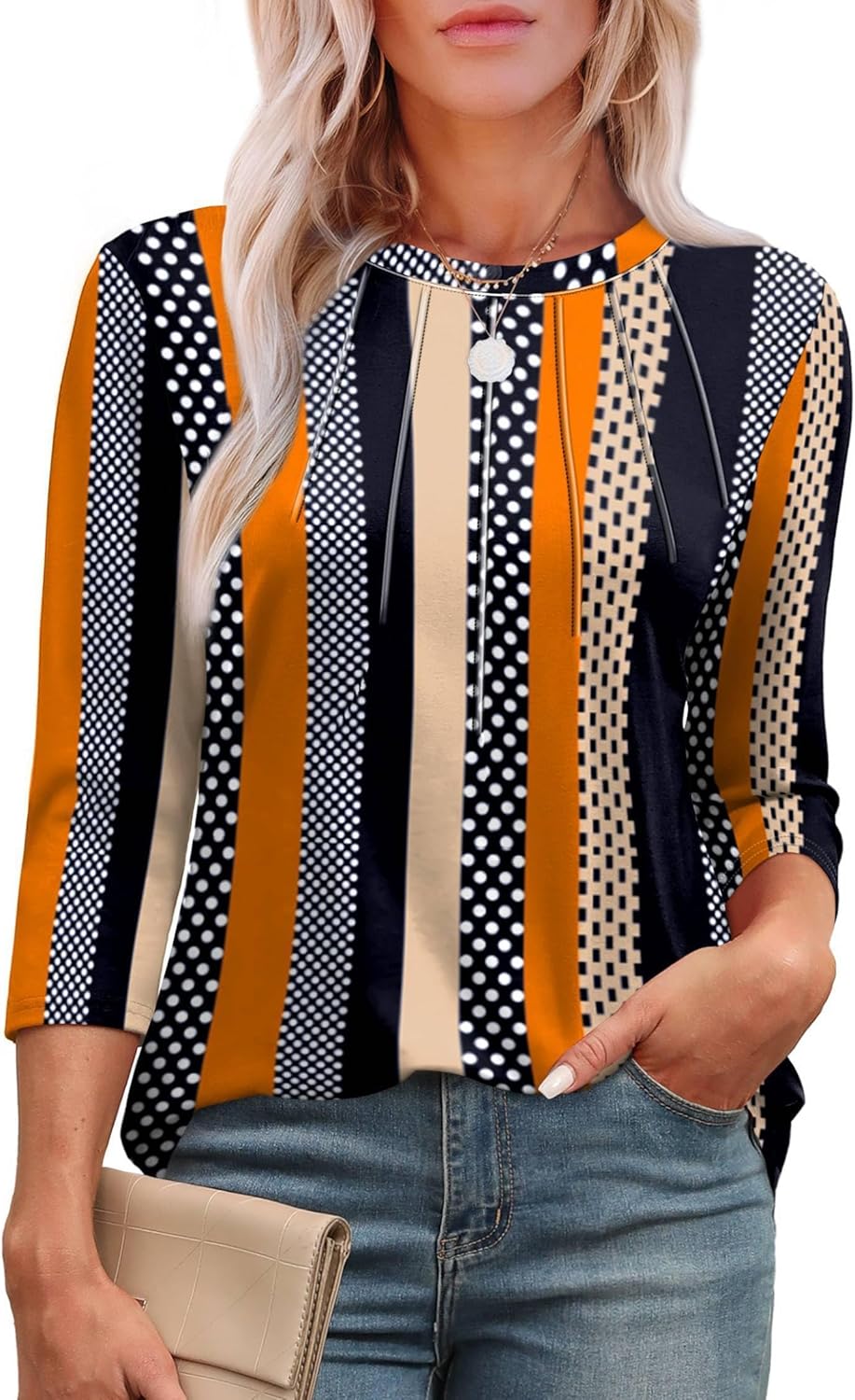 XIEERDUO 3/4 Length Sleeve Womens Tops Round Neck Casual Tunic Tops Basic Pleated Shirts Loose Fit 2025