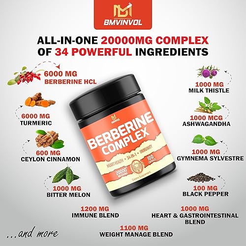 Miniatura 2 de 100 cápsulas  Suplemento de berberina de 20000 mg con canela de Ceilán, cúrcuma, melón amargo, cardo mariano y más  Cápsulas de berberina 34 en 1