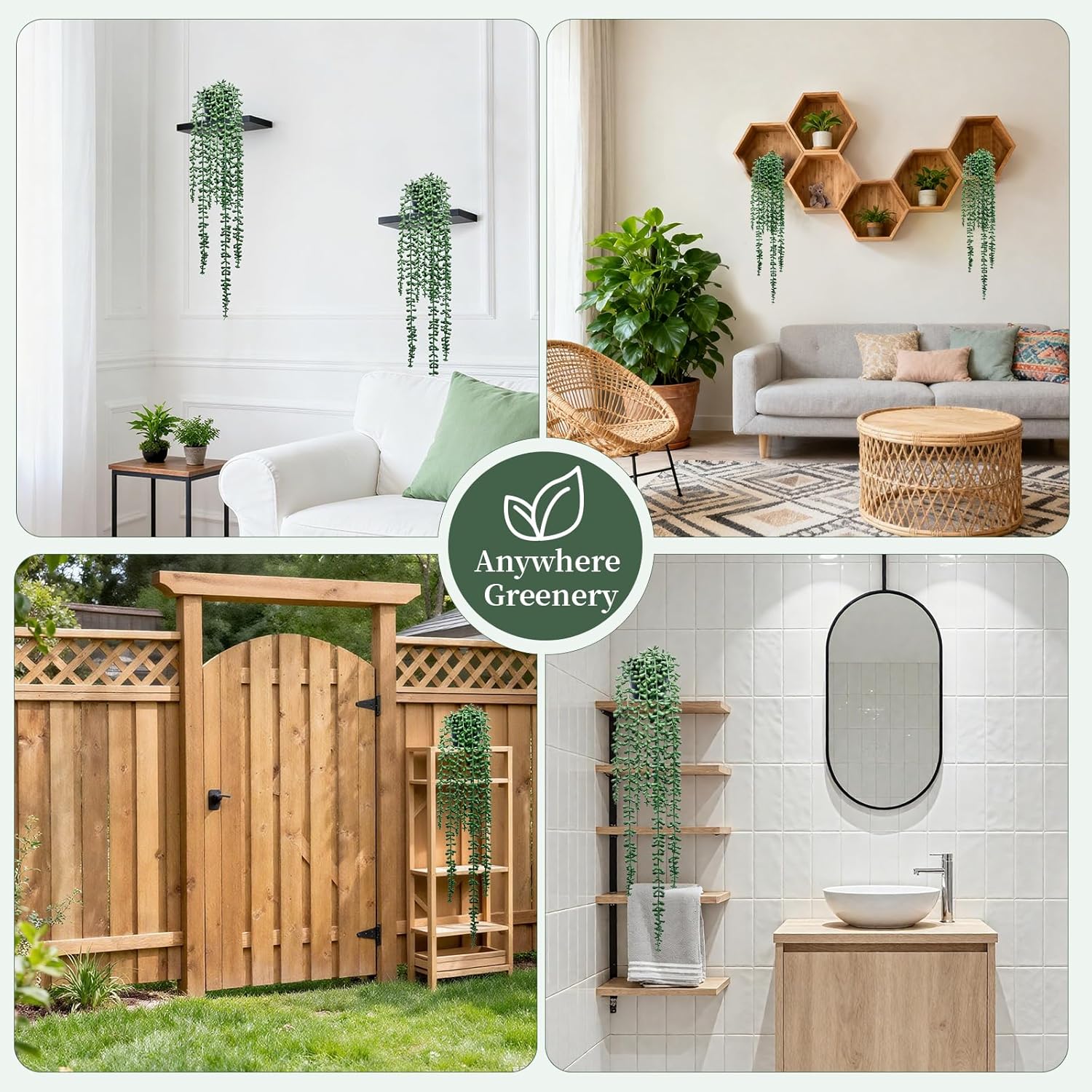 Artificial Hanging Plants for Shelf, 2-Pack Fake Potted Greenery Faux String of Pearls in Black Pot, Décor for Office Living Room Bathroom Indoor Outdoor 2-pack String of Pearls