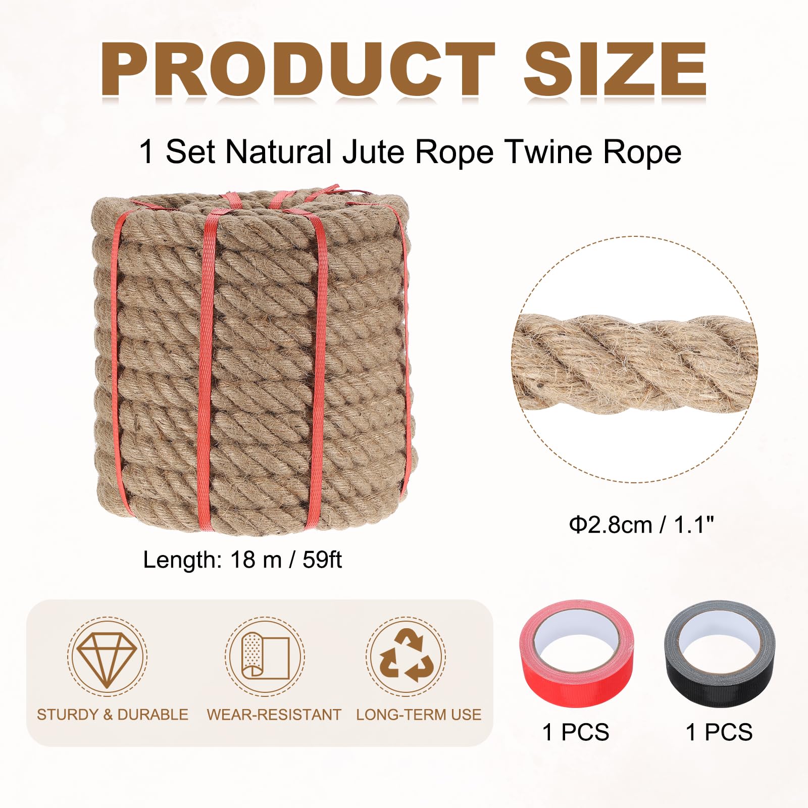 sourcing map Corde en jute de 2,8 cm x 18 m, corde torsadée naturelle épaisse avec 2 rouleaux de ruban adhésif pour travaux manuels, balustrade, quais, remorquage, balançoire, aménagement paysager