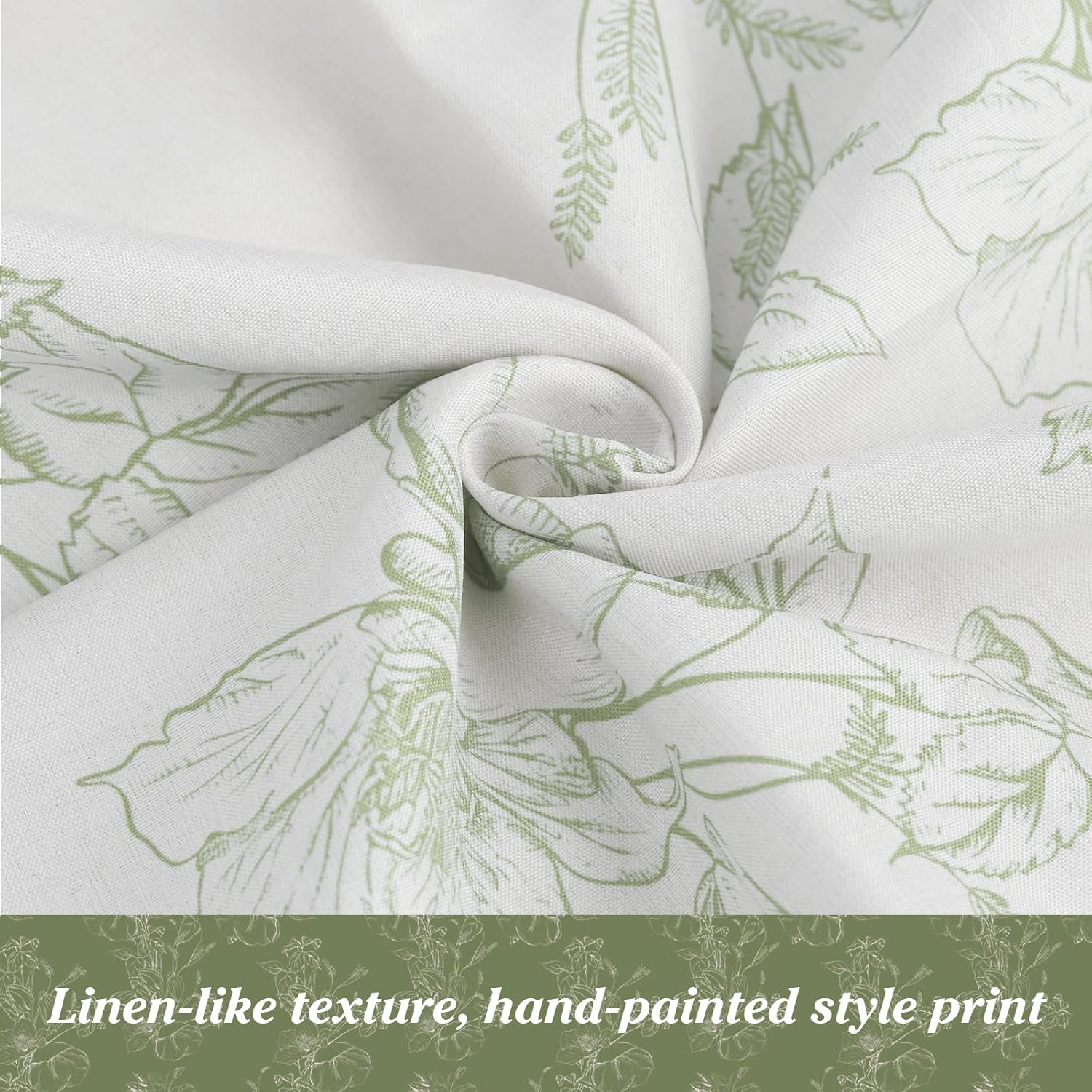Green Botanical Floral Shower Curtain, Beige Boho Farmhouse Linen-Look Fabric Shower Curtain Set with 12 Hooks, Modern Country Bathroom Decor, 72 x 96 Inch