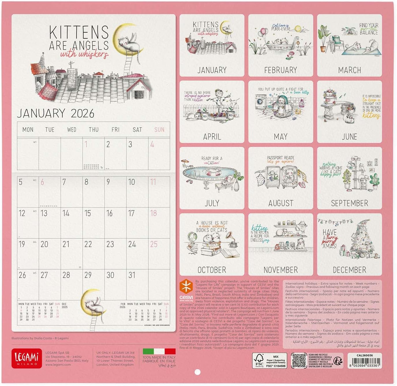 Legami - 2026 Wall Calendar, Sketchy Cats Large Wall Calendar, 12 Months and Year Planner, English, Space for Notes, Zodiac Signs, International Holidays, 30 x 29 cm