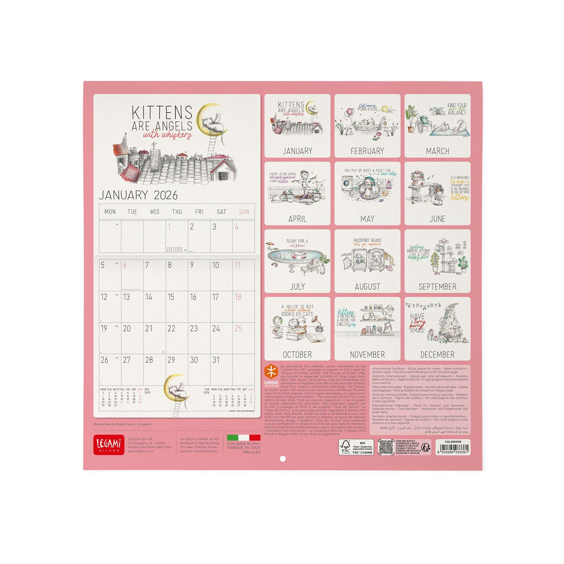 Calendrier Mural 2026 Legami 'Cats' - 18x18 Cm, 12 Mois, 6 Langues, Signes Du Zodiaque - 8