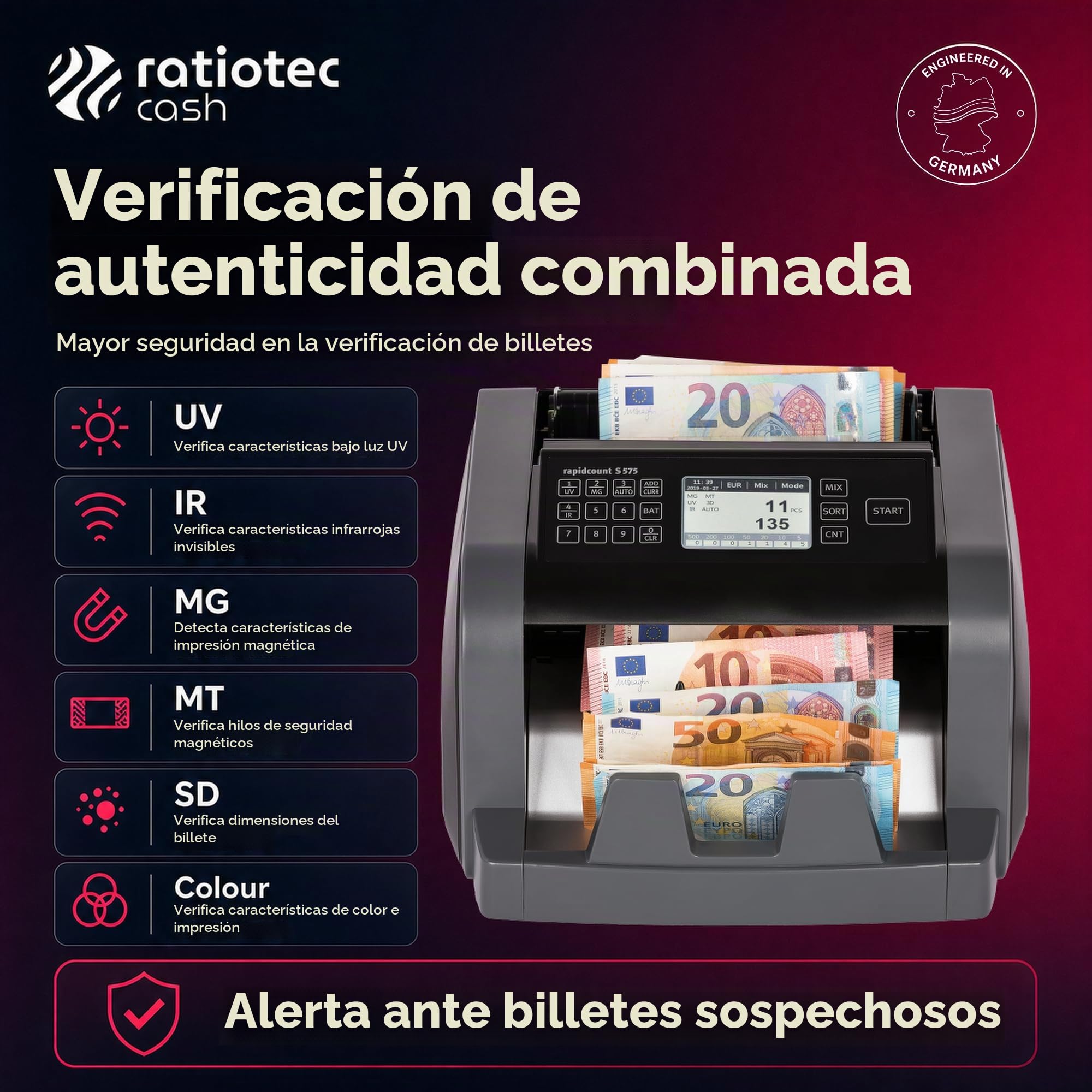 ratiotec Máquina contadora de billetes rapidcount S 575 para billetes mixtos con valoración en negro
