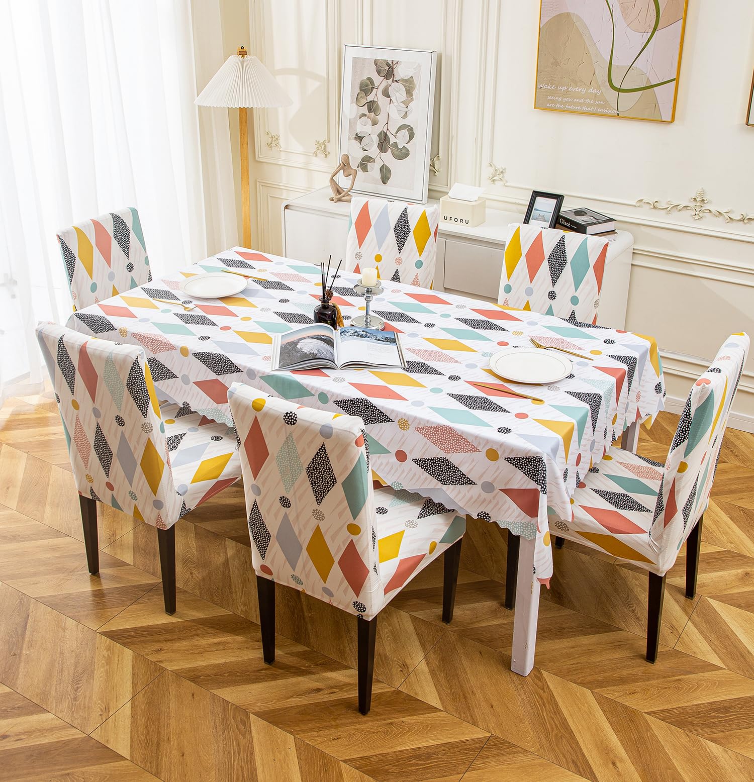 House of Quirk Polyvinyl Chloride(PVC)Rectangular Dining Table Cover Waterproof with 8 Chair Covers for Kitchen Dining Table Cloth Dust and Oil Repellent(White Rainbow,1 Table Cover + 8 Chair Cover)