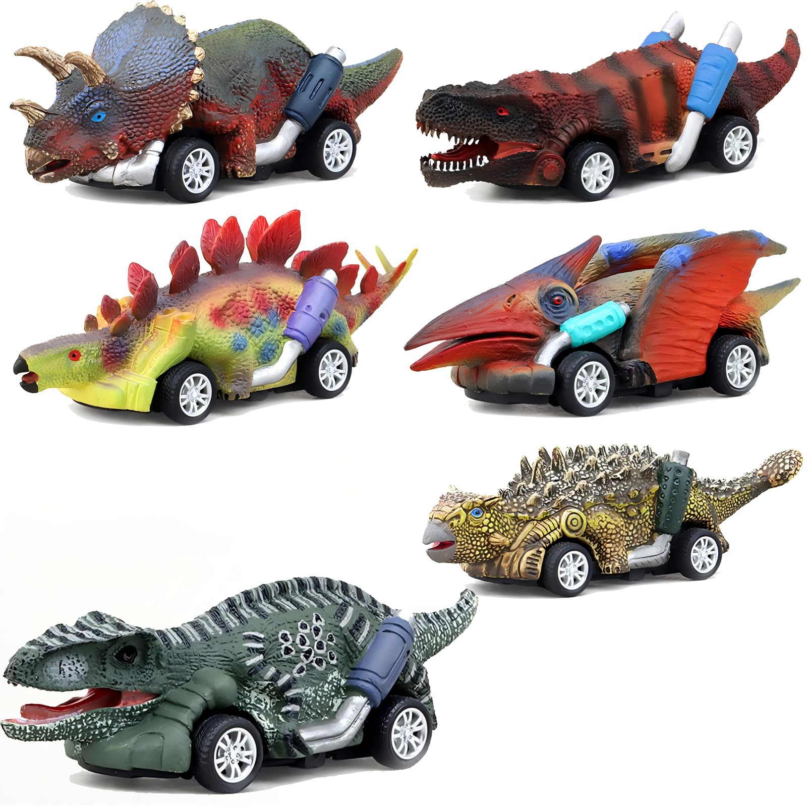 LUKIUP 6 Pack Dinosaur Toys, Dinosaur Toy Cars, Pull Back Cars wit, Friction Powered Off, Inertia Toy Cars for Birthday Gift