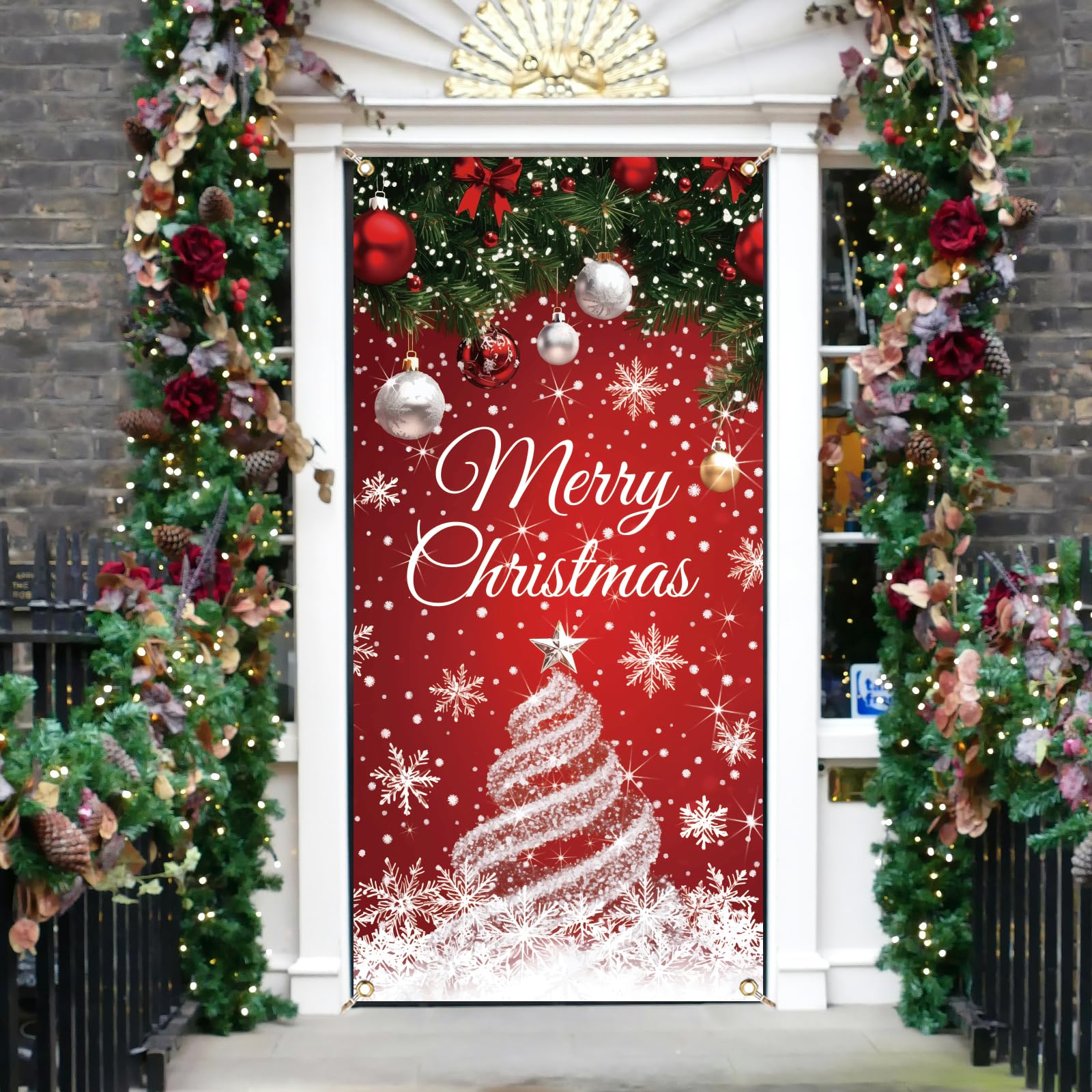 arricraft 1 Pc Merry Christmas Door Cover, Christmas Tree Snowflakes Background Banner Door Hanging Covers Photo Booth Props for Indoor Outdoor Home Wall Winter Party Decorations Supplies