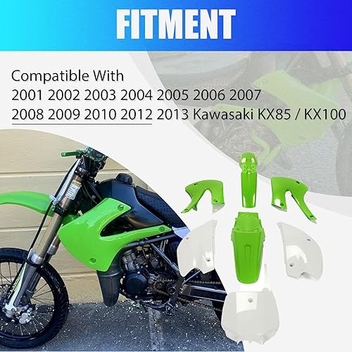 Miniatura 2 de KUAFU Kit de plástico Carenado Carrocería compatible con Kawasaki KX85 2001-2013, Kawasaki KX100 2001-2013 (verde+blanco)