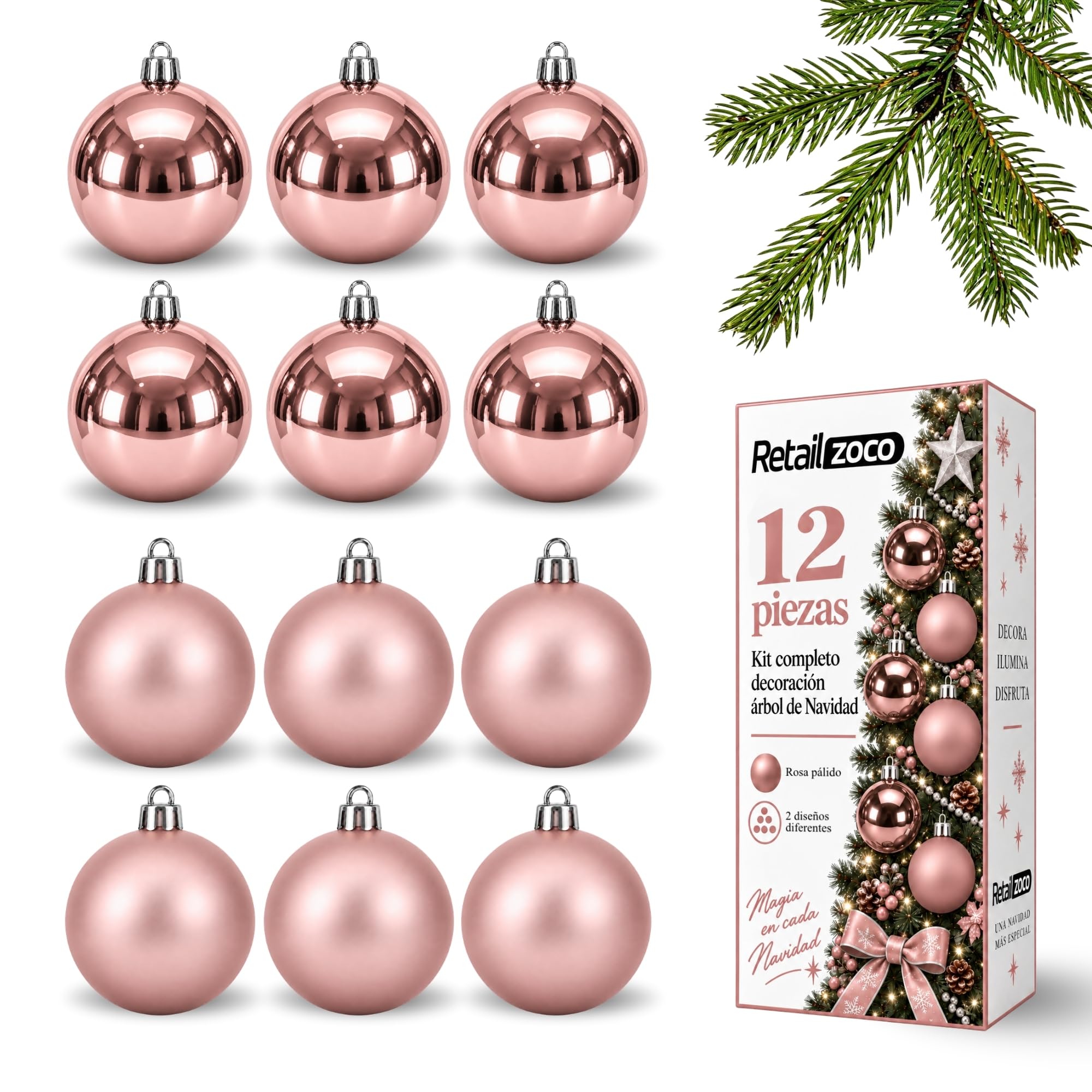 Bolas de Navidad, Adornos Arbol Navidad, 12 Piezas, Rosa - imagen 1