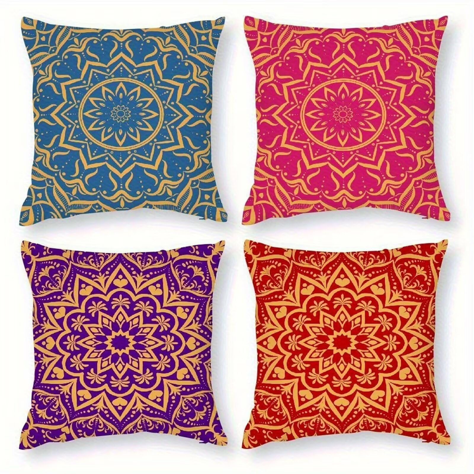 Fodere per Cuscini 45x45 cm Set di 4 Federe Cuscini Divano Mandala Colorato Lavabile Lino Tessuto Quadrato Federa per Divano Camera da Letto Auto Sedia Casa Decoro