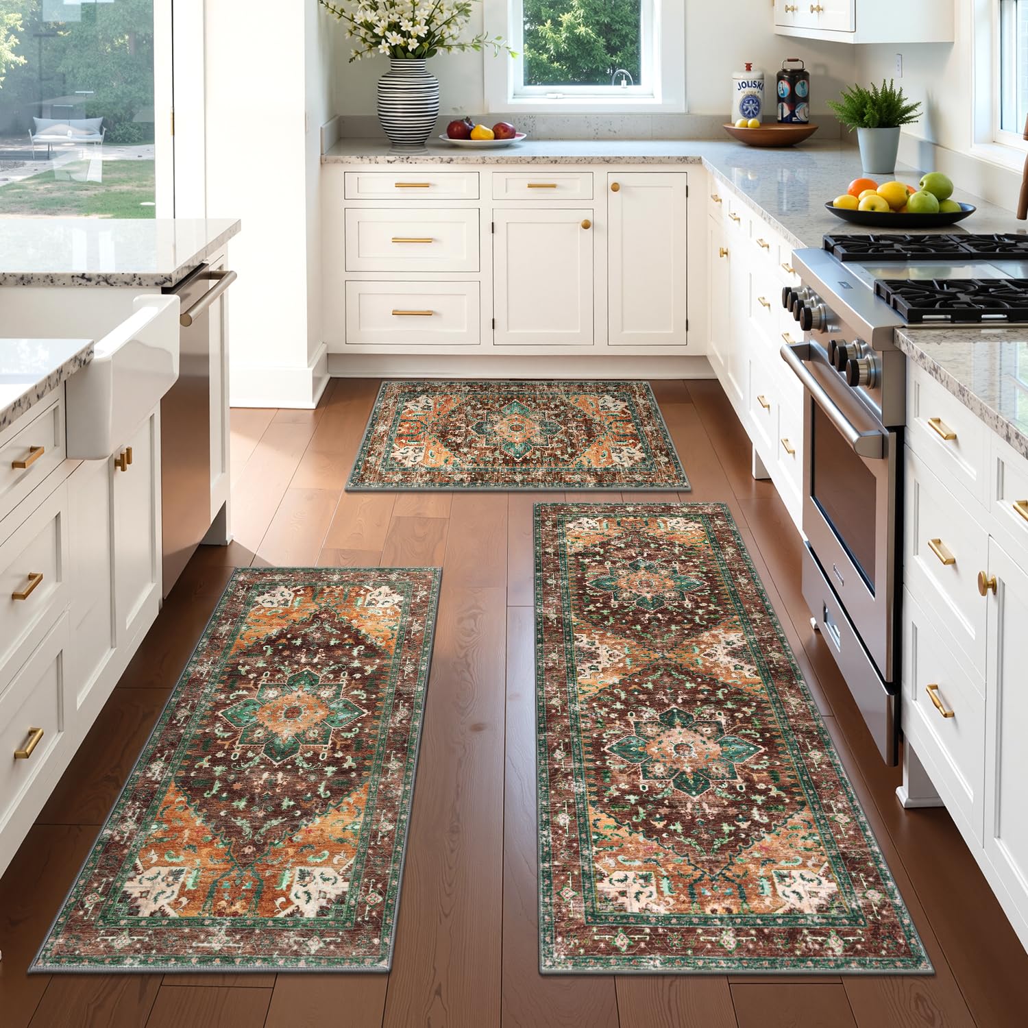 Yamaziot Washable Runner Rug Set of 3, Non-Slip Boho Hallway Kitchen Rug | Stain Resistant,Low Pile, Soft Distressed Floor Carpet with Rubber Backing for Bedroom, Kitchen, Laundry, Entrance 2' x 3'+2' x 4'+2' x 5' Rust/Dull Teal