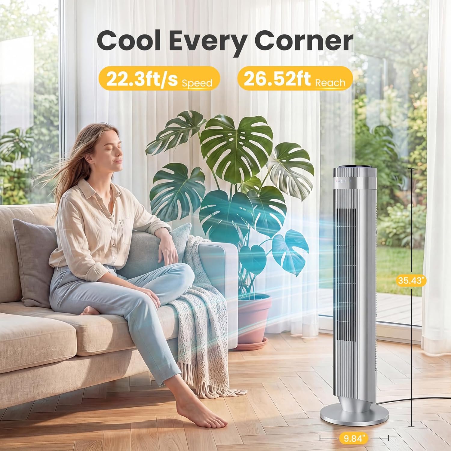 NEWBULIG Tower Fan for Bedroom, Oscillating Standing Bladeless Fan with Remote, 5 Speeds & 4 Modes, 28dB Quiet for Sleep, 22.3ft/s High Velocity, LED Display, 12H Timer, Office, Home, Dorm, Silver