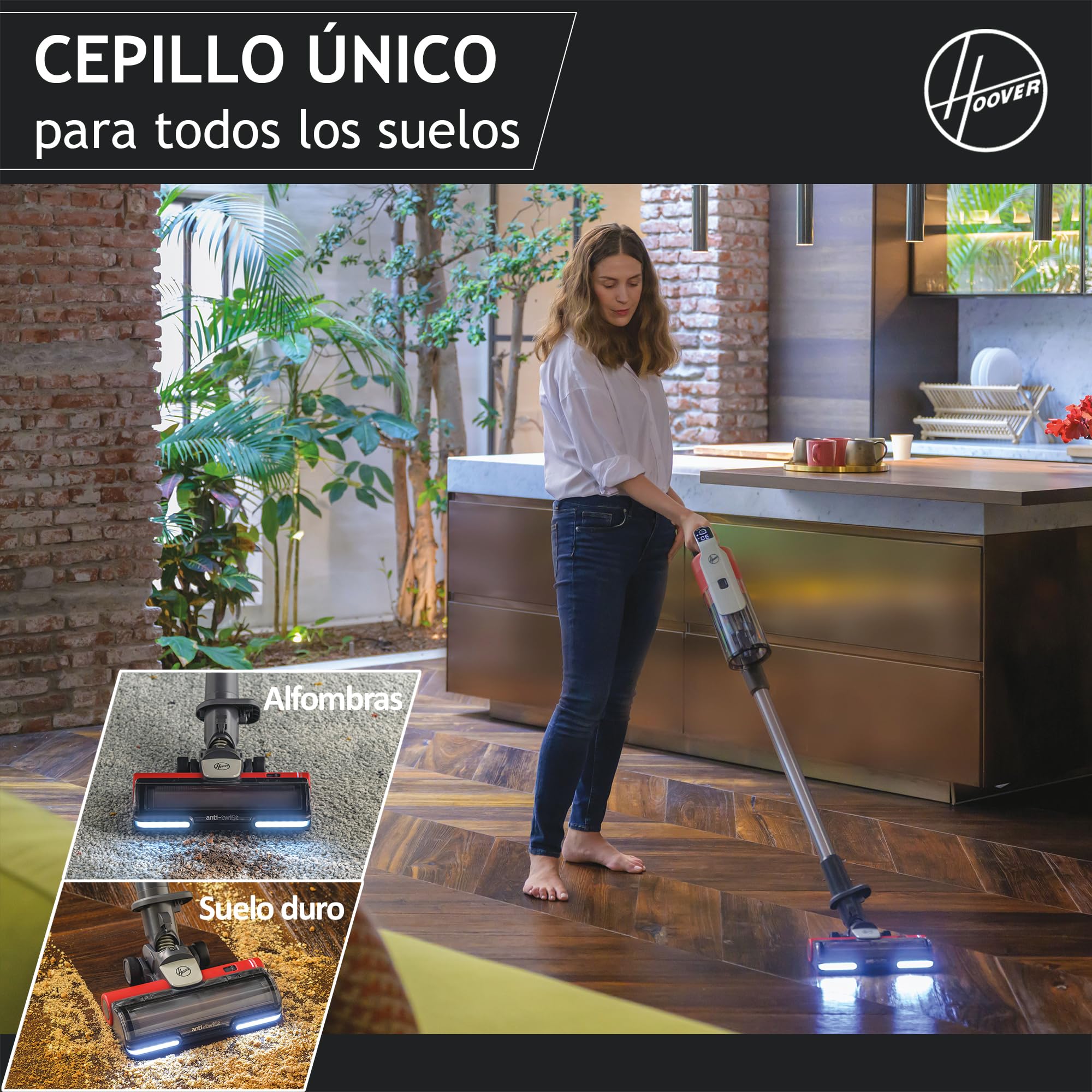 Hoover HF9 Home HF910H, Aspiradora Escoba sin Cable, sin Bolsa, 3 en 1, Escoba, de Mano y Vertical, Cepillo Antienredos, Autonomía 30 min, Color Gris/Rojo