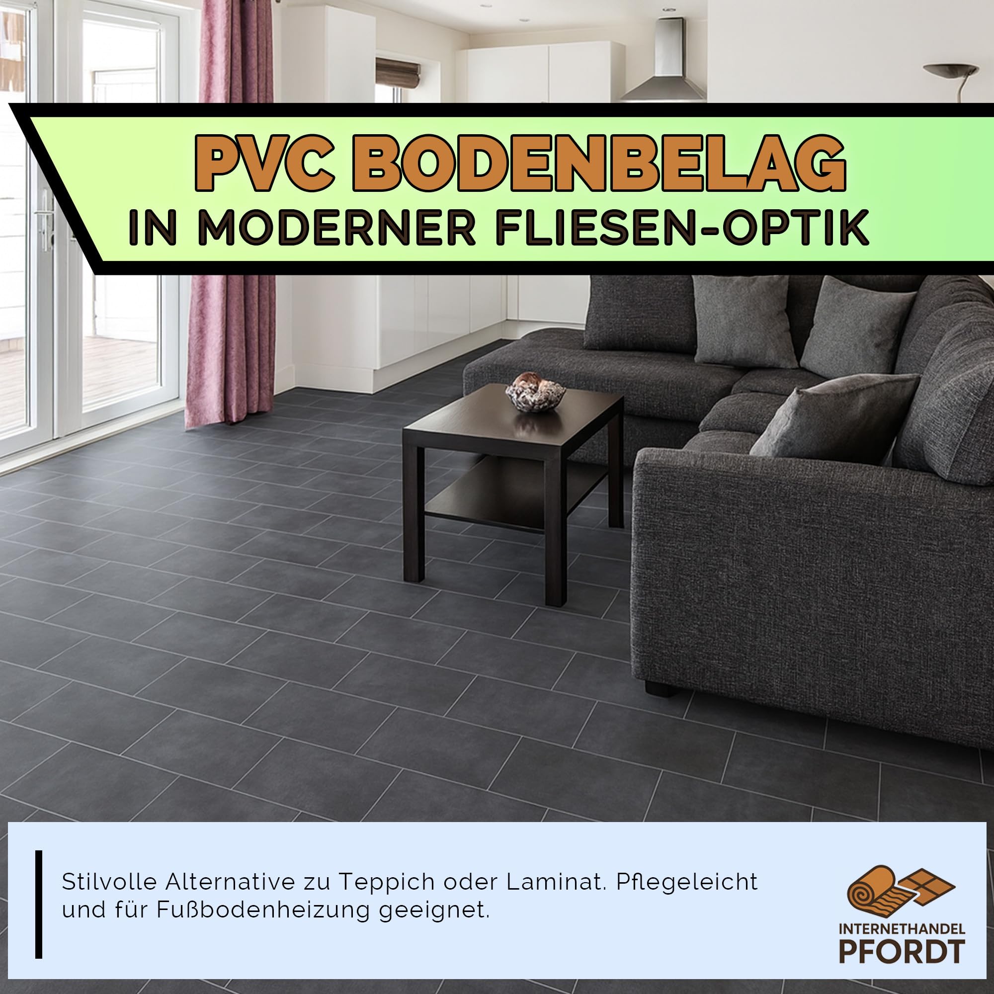 CV Bodenbelag Vinyl Fliesen Optik Dunkelgrau, 100x200 cm, pflegeleichter PVC Vinylboden, Meterware für Küche und Wohnzimmer