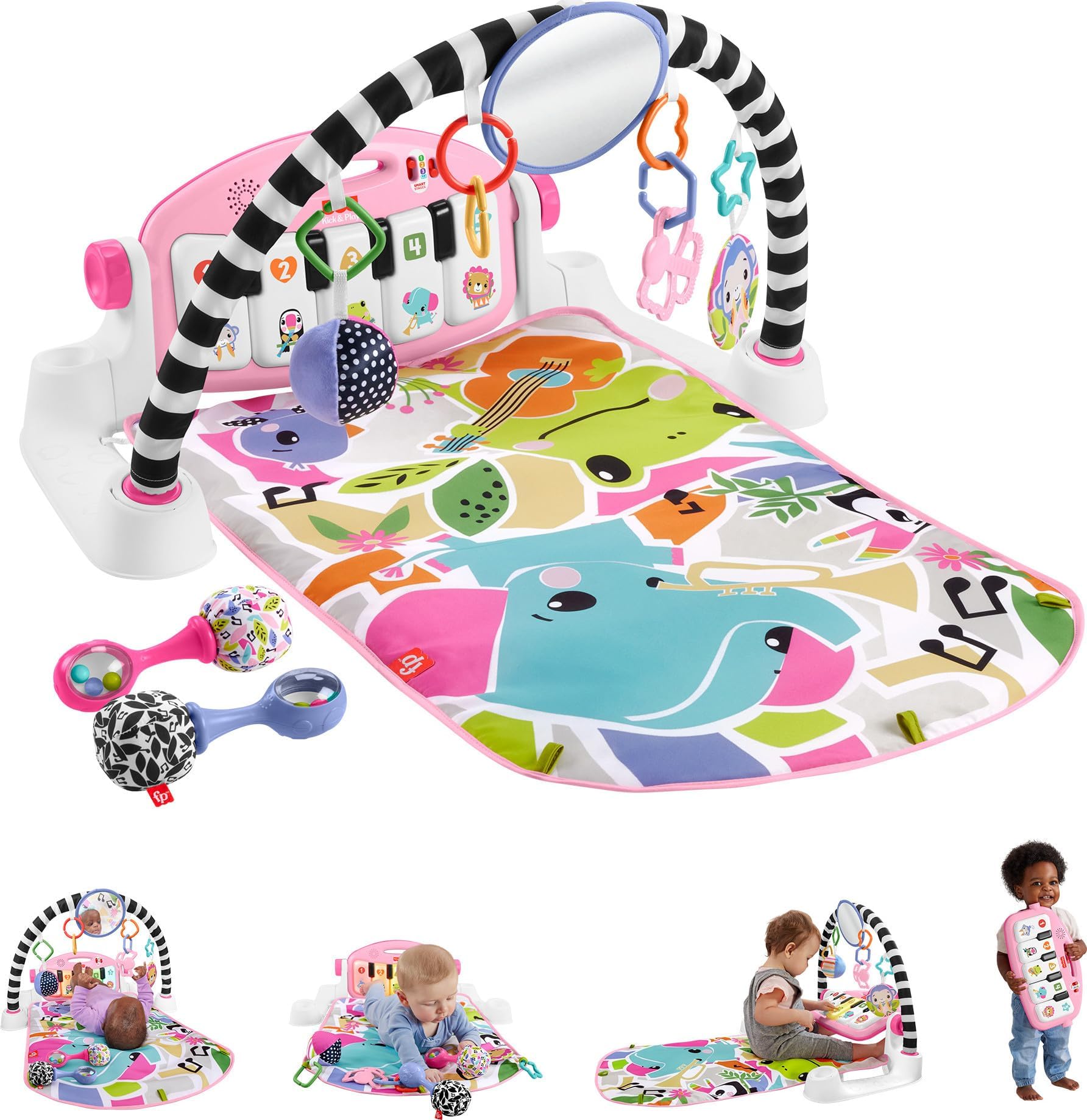 Baby Musical Toy Set Glow and Grow Kick & Play Piano Gym Pink Playmat with 2 Rattle Maracas for Newborns Ages 0+ Months