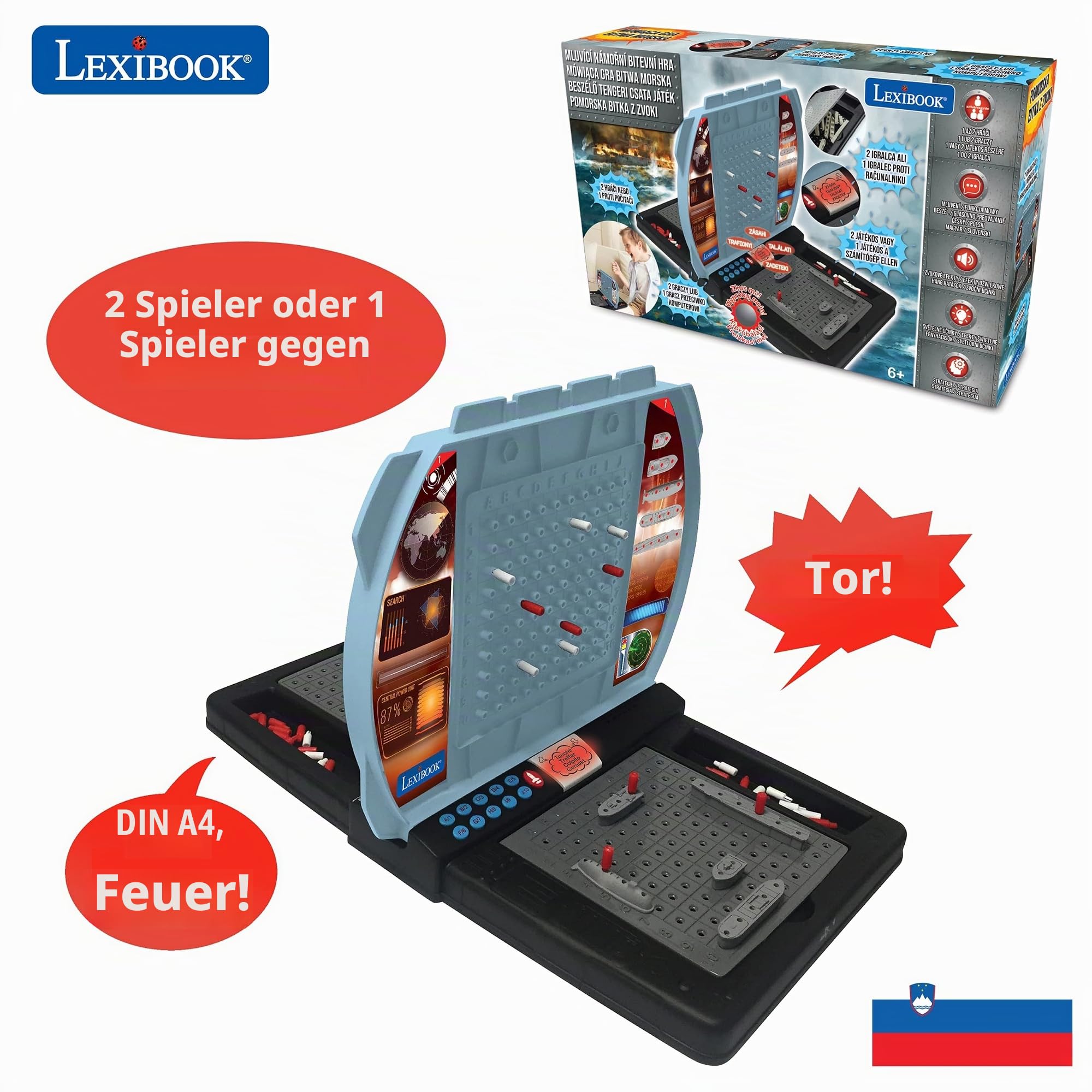 Lexibook, Sprechende Seeschlacht (Tschechisch, Polnisch, Ungarisch, Slowenisch), elektronisches Brettspiel 1 oder 2 Spieler, interaktiv, Licht- und Soundeffekte, Strategie, batteriebetrieben, GT2800i2