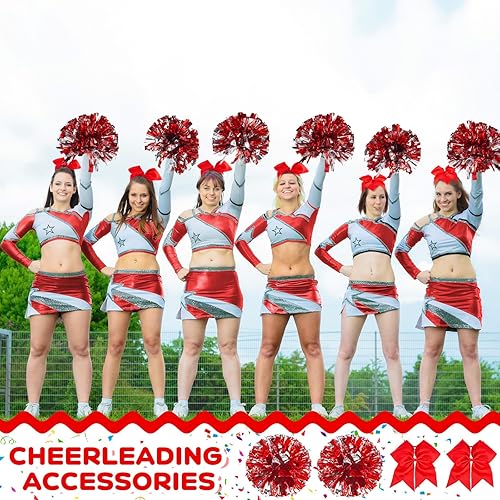 Miniatura 6 de Simgoing Juego de 48 pompones de animadora y 24 piezas de lazos grandes para animar el pelo, de plástico metálico y divertido para fiestas