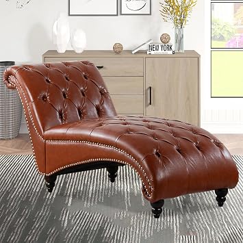 Armless Tufted Chaise Lounge with Solid Wood Legs & Nails, Brown Faux Leather Sleeper Lounge Chaise Chair for Living Room, Office, Bedroom
