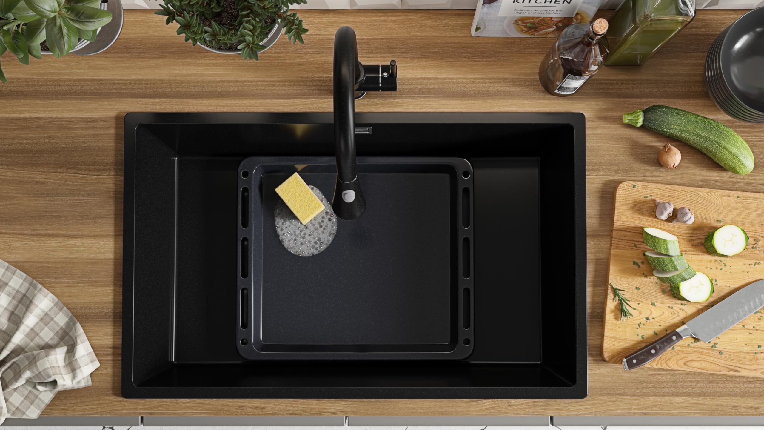 PRIMAGRAN Lavello da Cucina Nero 76x47cm, Lavandino in Granito a 1 vasca + Sifone Classico, Lavabo da Cucina Incasso al Mobile 80cm - London Slim S477