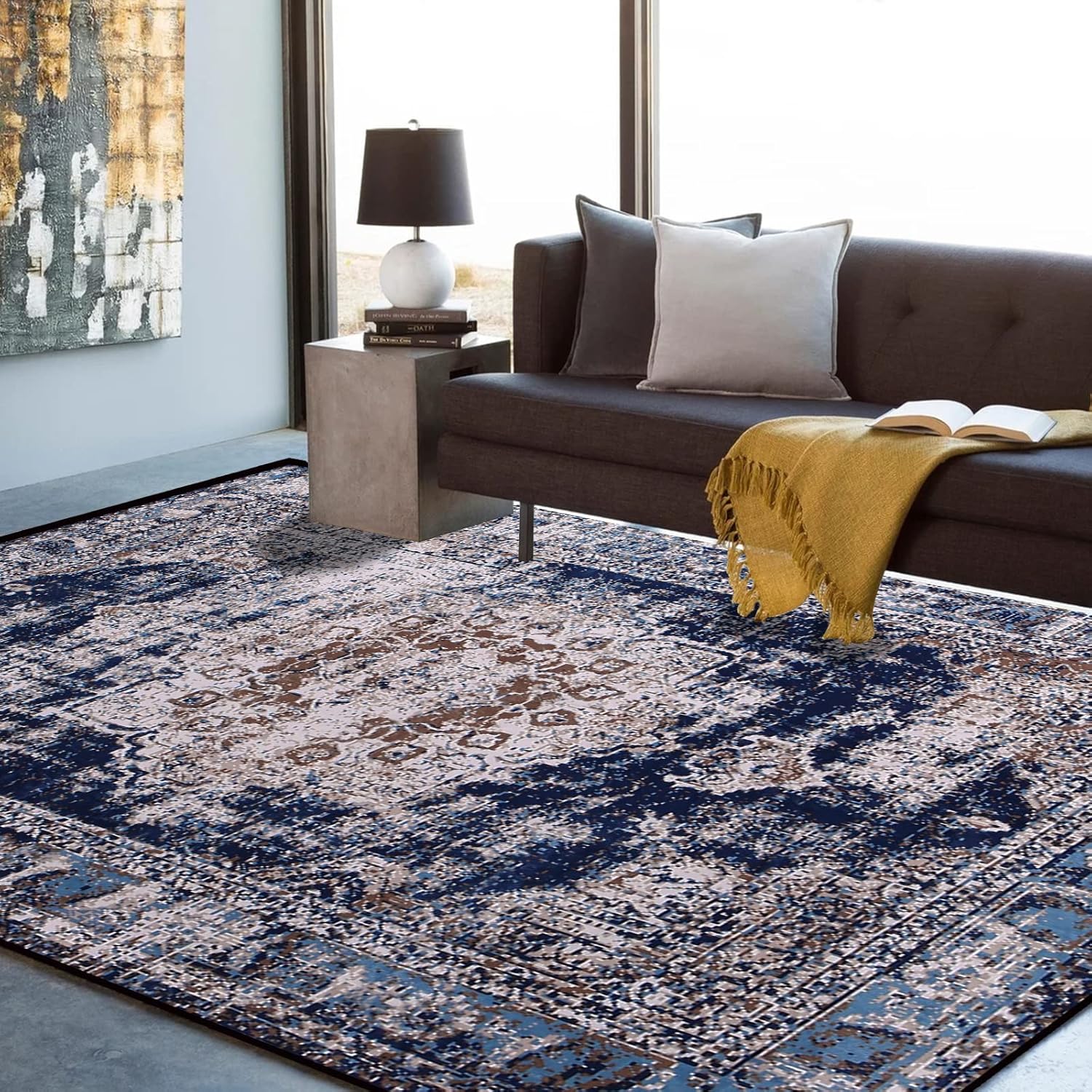 Calore Vintage Boho Area Rug Retro Abstract Rug Traditional Floor Cover Indoor Distressed Non Slip Carpet Floral Print Mat Living Room Bedroom Kitchen (Retro/Navy Blue, 5.2'x6.5')