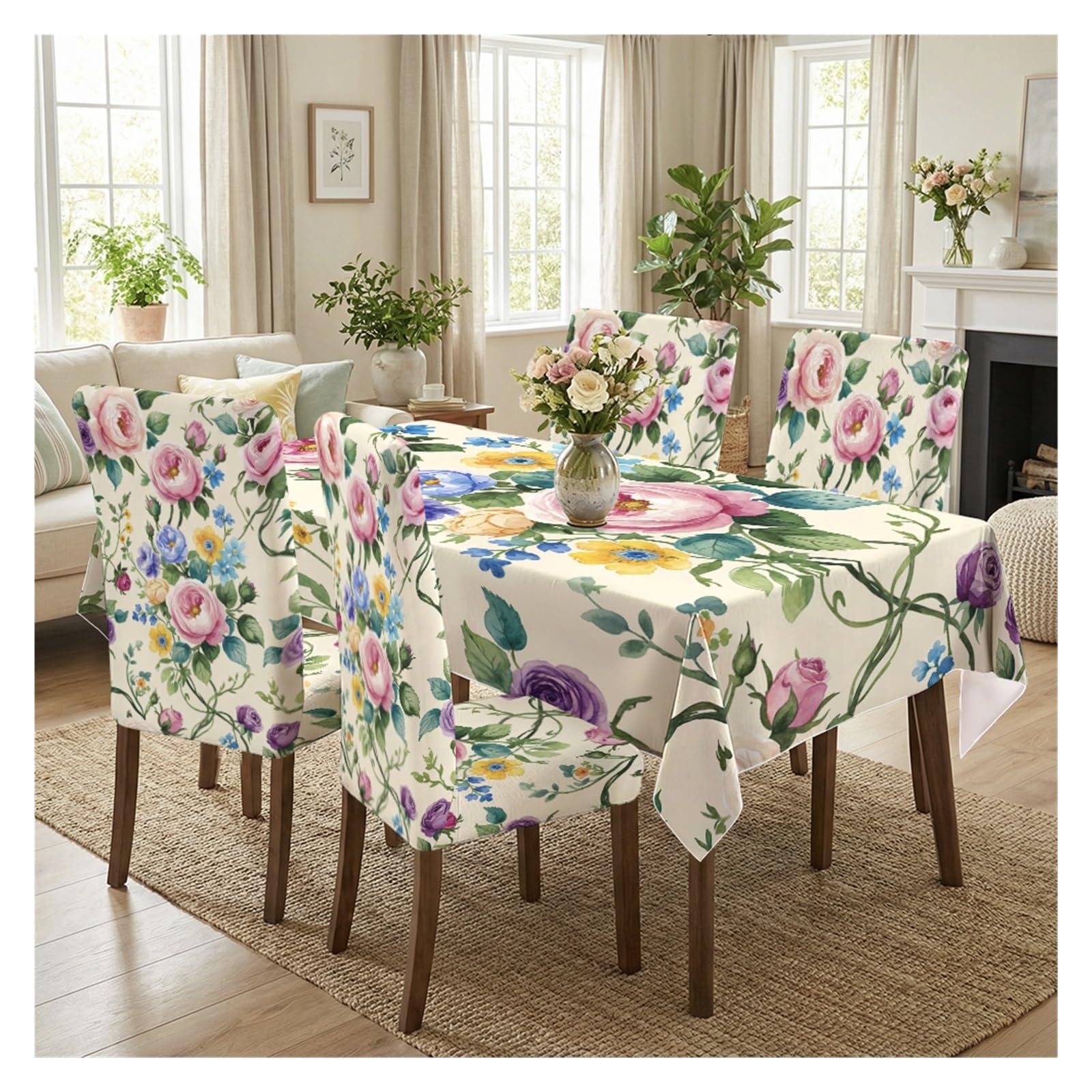 KXUAUV Rustic Multicolor Rose Floral Tablecloth And Chair Covers Set, Stretch Slipcovers For Farmhouse Cottage Dining Room Decor, 5/7 Pack Party Decor(5pcs Set: Tablecloth+Chair Covers)