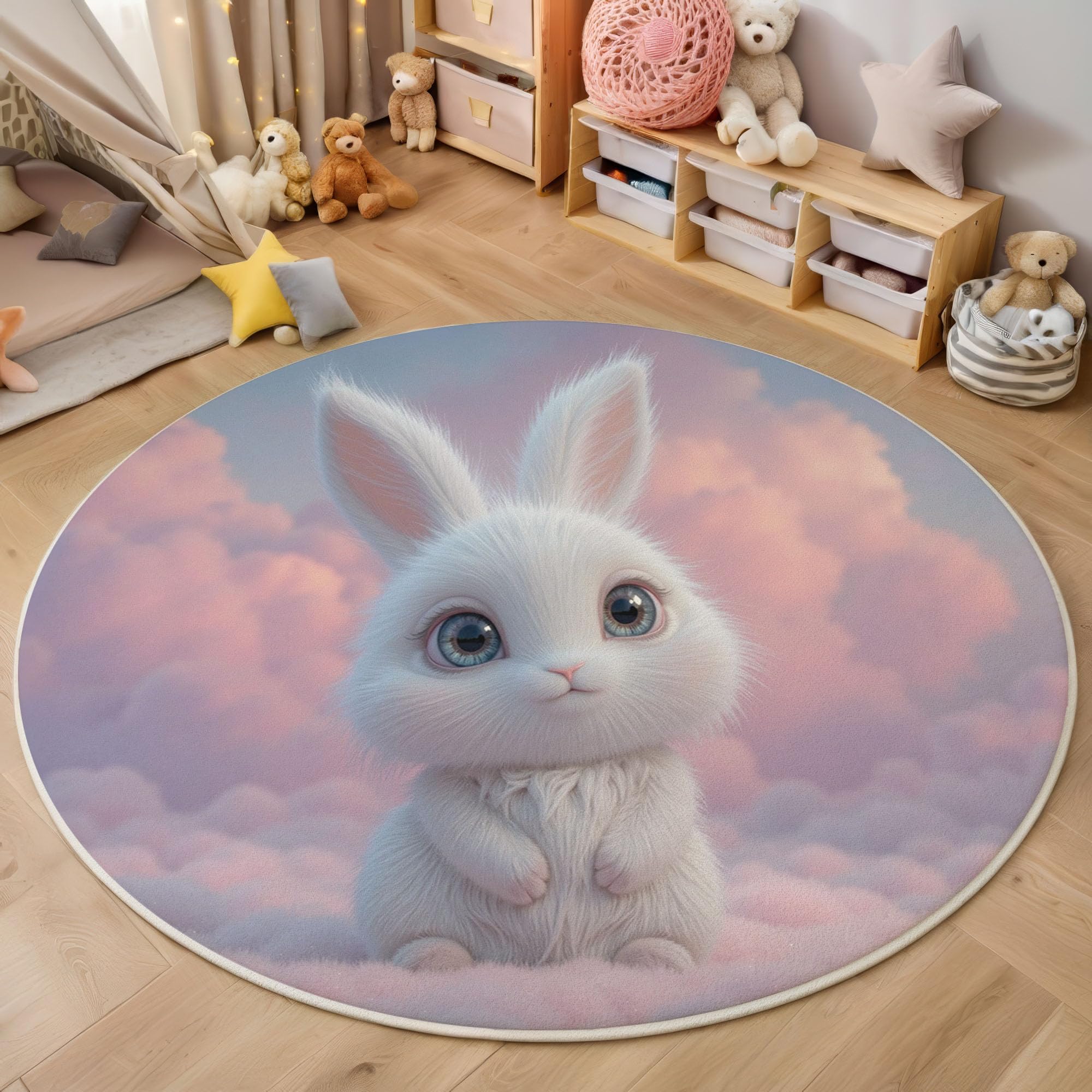 Tapis lapin 3D lavable en machine qui ne perd pas ses poils rose 100cm