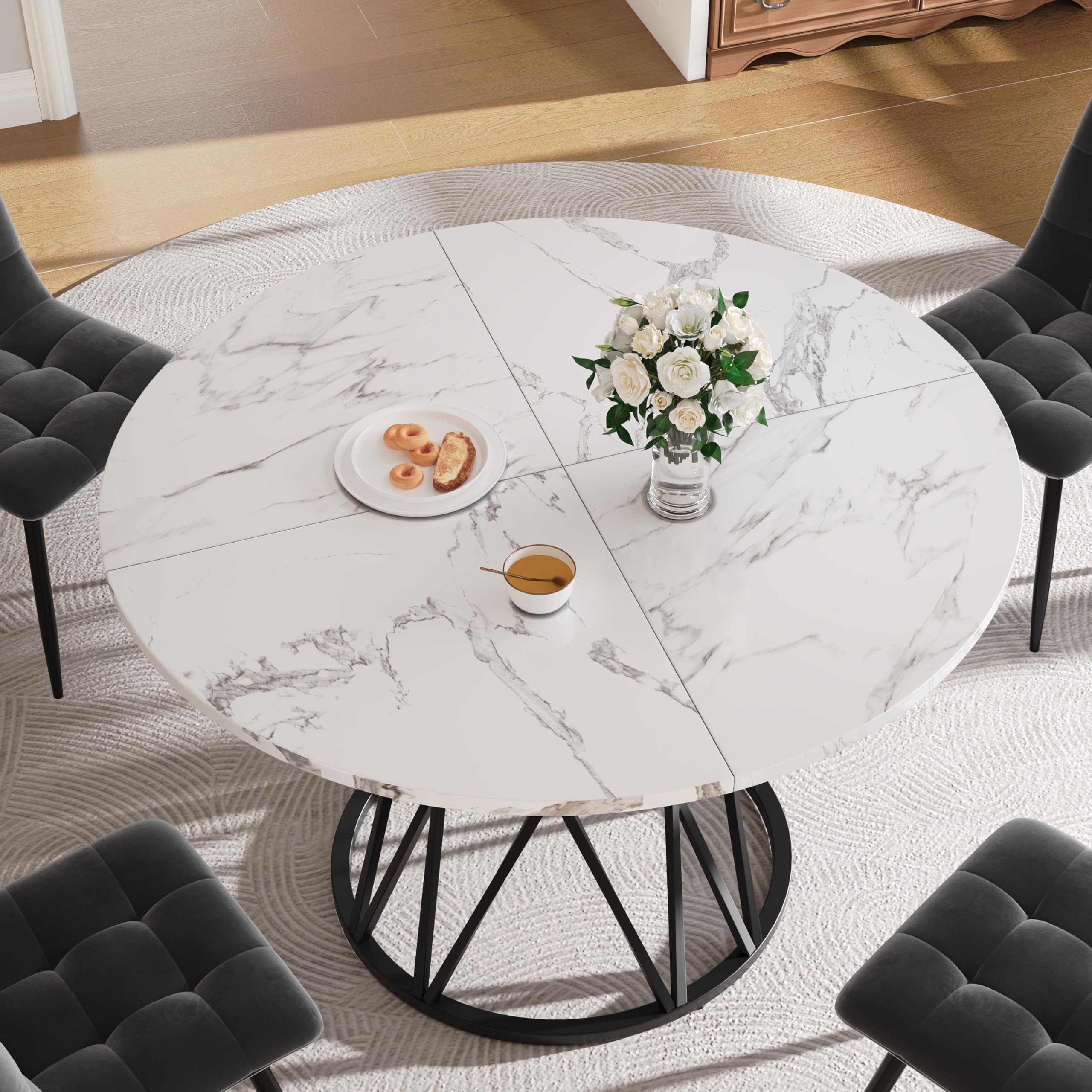 ModernLuxe Table à Manger Ronde 100×100 cm, Plateau MDF Imitation marbre Noir, Table Cuisine Design 4 Personnes, Salon et Salle à Manger Moderne