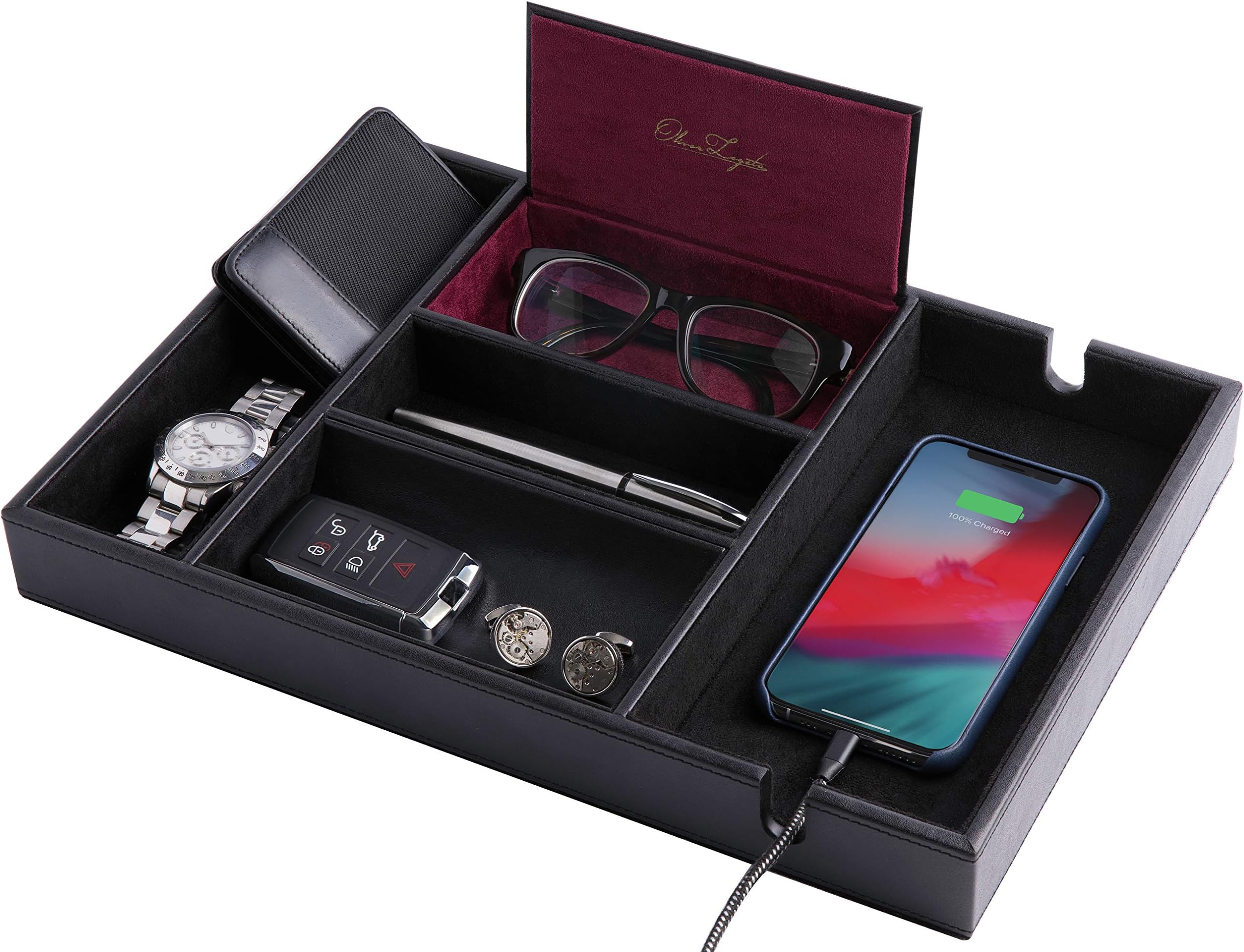 Oliver LegatoMen's Valet Tray, Black Faux Leather Rectangular Jewelry Tray with 1 Compartment, Watch Storage, Modern Design, Table Top, Latch Closure