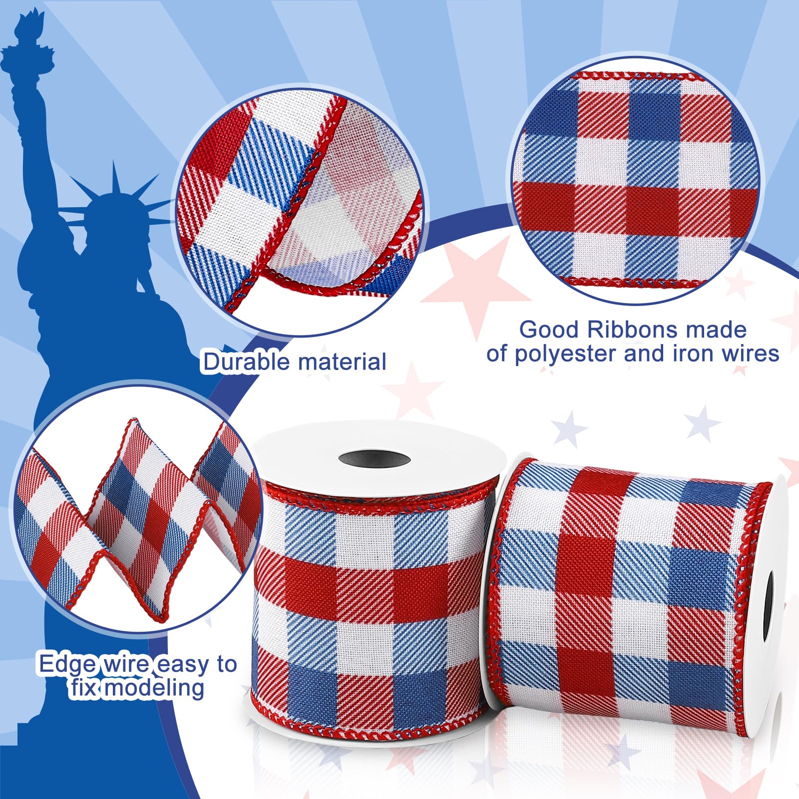 Whaline 2 Rollen 4. Juli Drahtrand Plaids Band Patriotisches Büffelkaro Band Rot Blue Plaids Ribbon 6,3 cm Bauernhaus Bastelband für Independence Day DIY Geschenkverpackung Schleife Dekor, 9,1 m