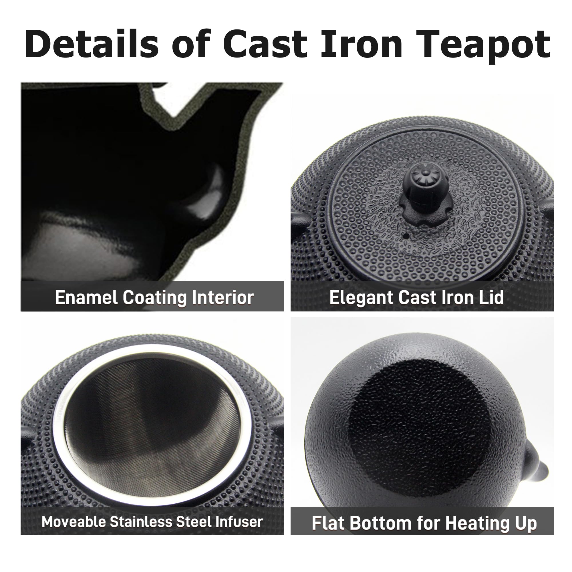 Juego de tetera de hierro fundido con calentador de hierro fundido, juego de tetera japonesa Tetsubin con tazas, tetera de hierro fundido con infusor de acero inoxidable e interior esmaltado (juego de
