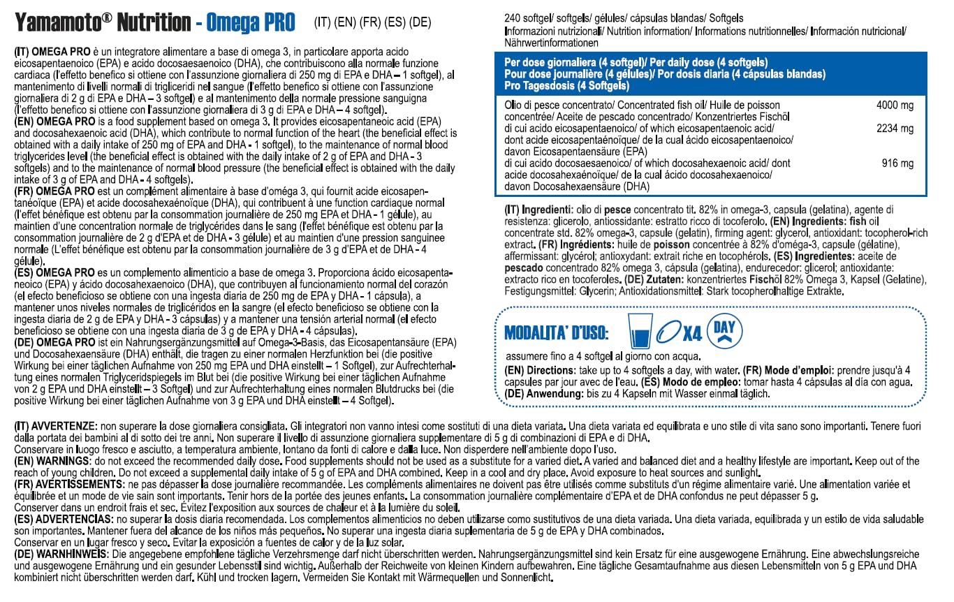 YAMAMOTO NUTRITION OmegaPRO integratore alimentare a base di olio pesce concentrato 240 softgel