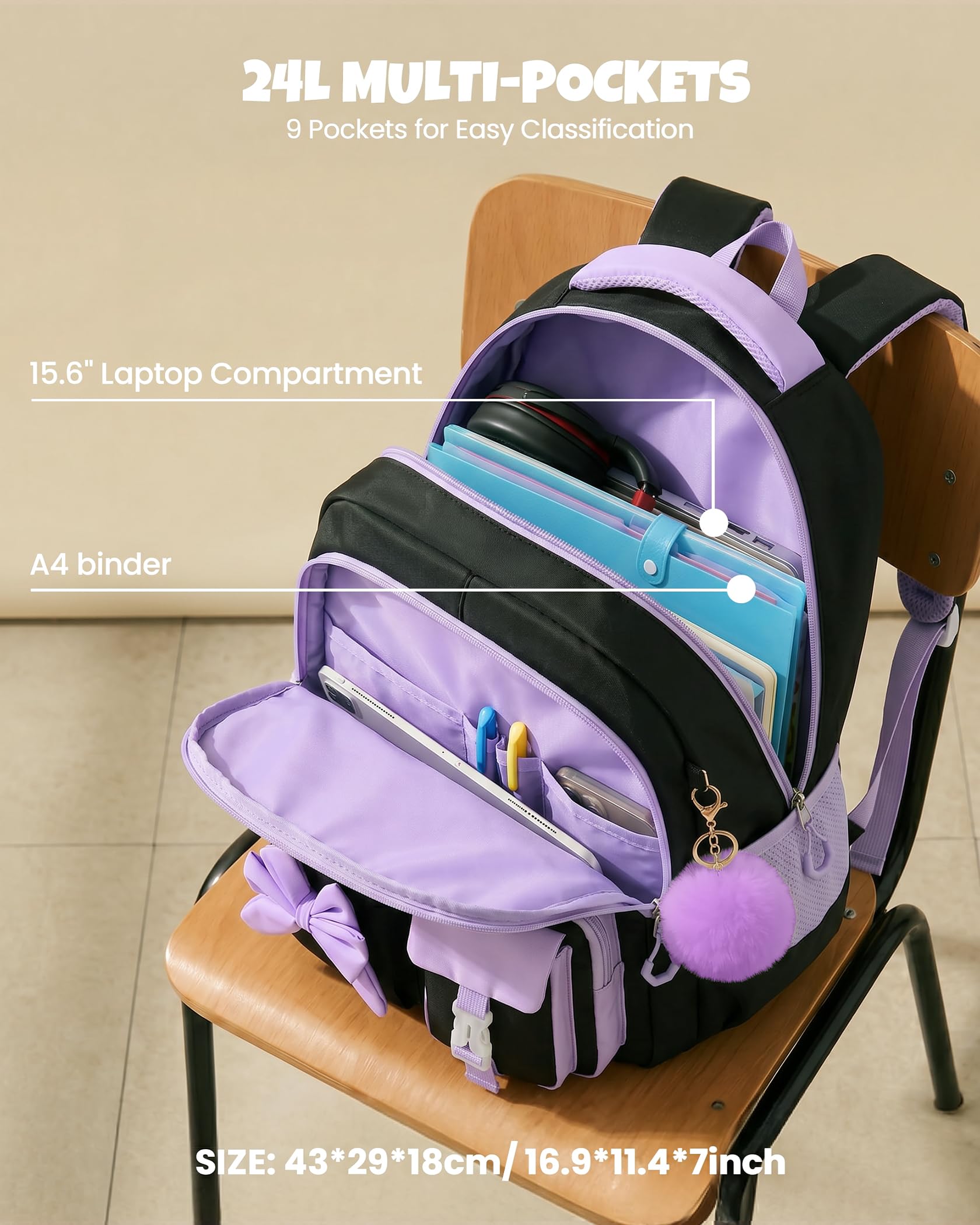 Amythe Schulrucksack Mädchen 3-teilig Kawaii 3.-7. Klasse mit Lunch Tasche Federmäppchen Anti-Diebstahl-Tasche 24L Lila Schwarz