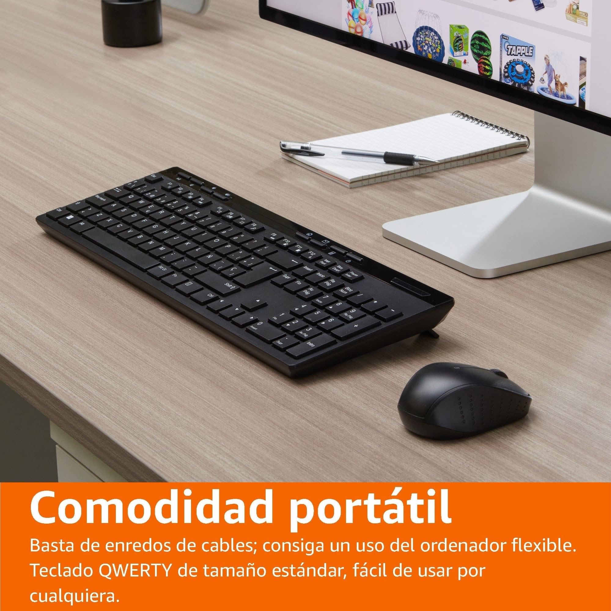 Amazon Basics Combo de Teclado y Ratón Inalámbricos de Tamaño Completo, Receptor USB de 2.4 GHz, (Teclado Español, Negro)