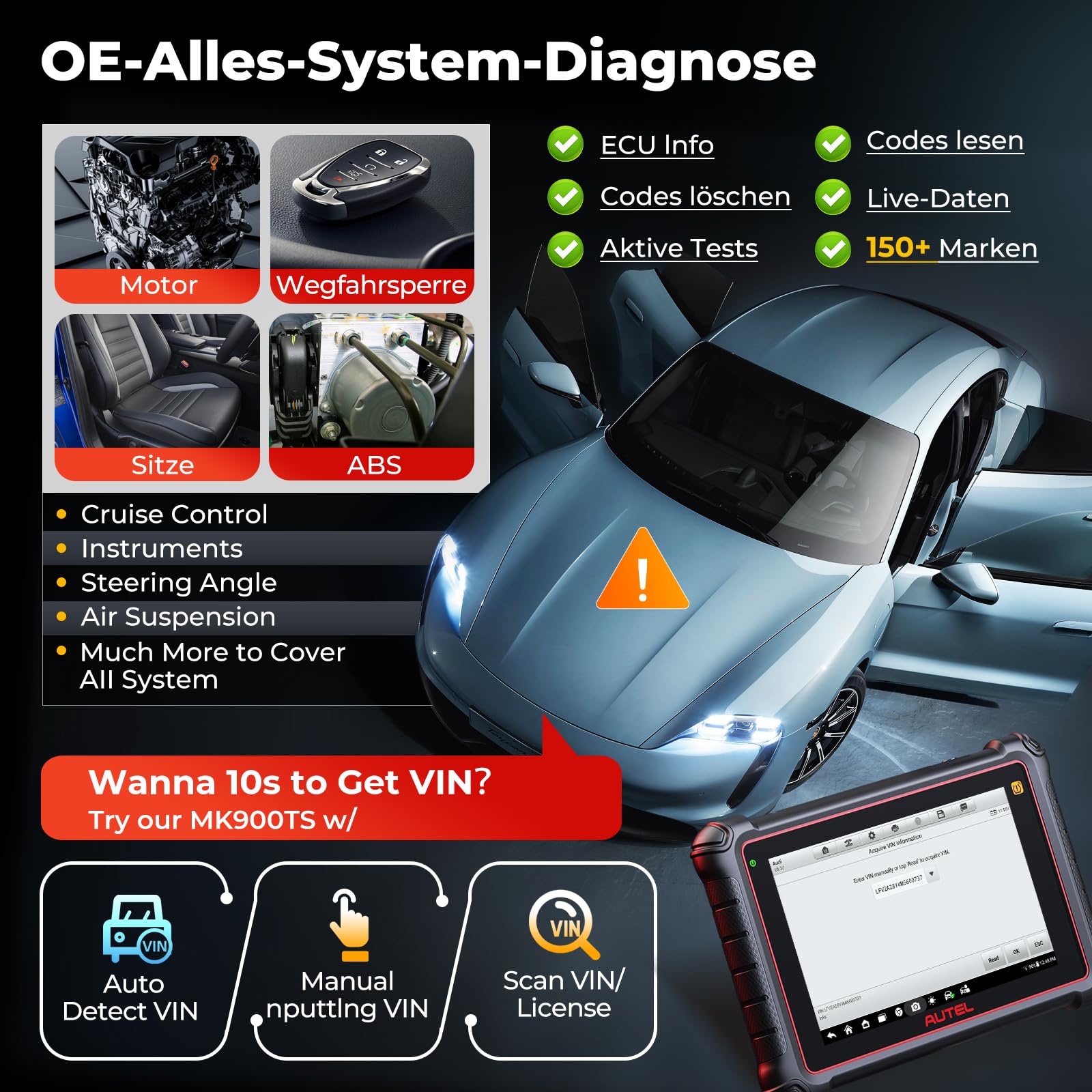 Autel MaxiCOM MK900-TS TPMS Scanner, 2024 Bidirektionales OBD2 Diagnosegerät, Upgrade von MX808S-TS/MS906TS, 40+ Service,3000+ Aktive Tests,Alle System-Diagnose,No-IP Eingeschränkte Ver. von MX900TS