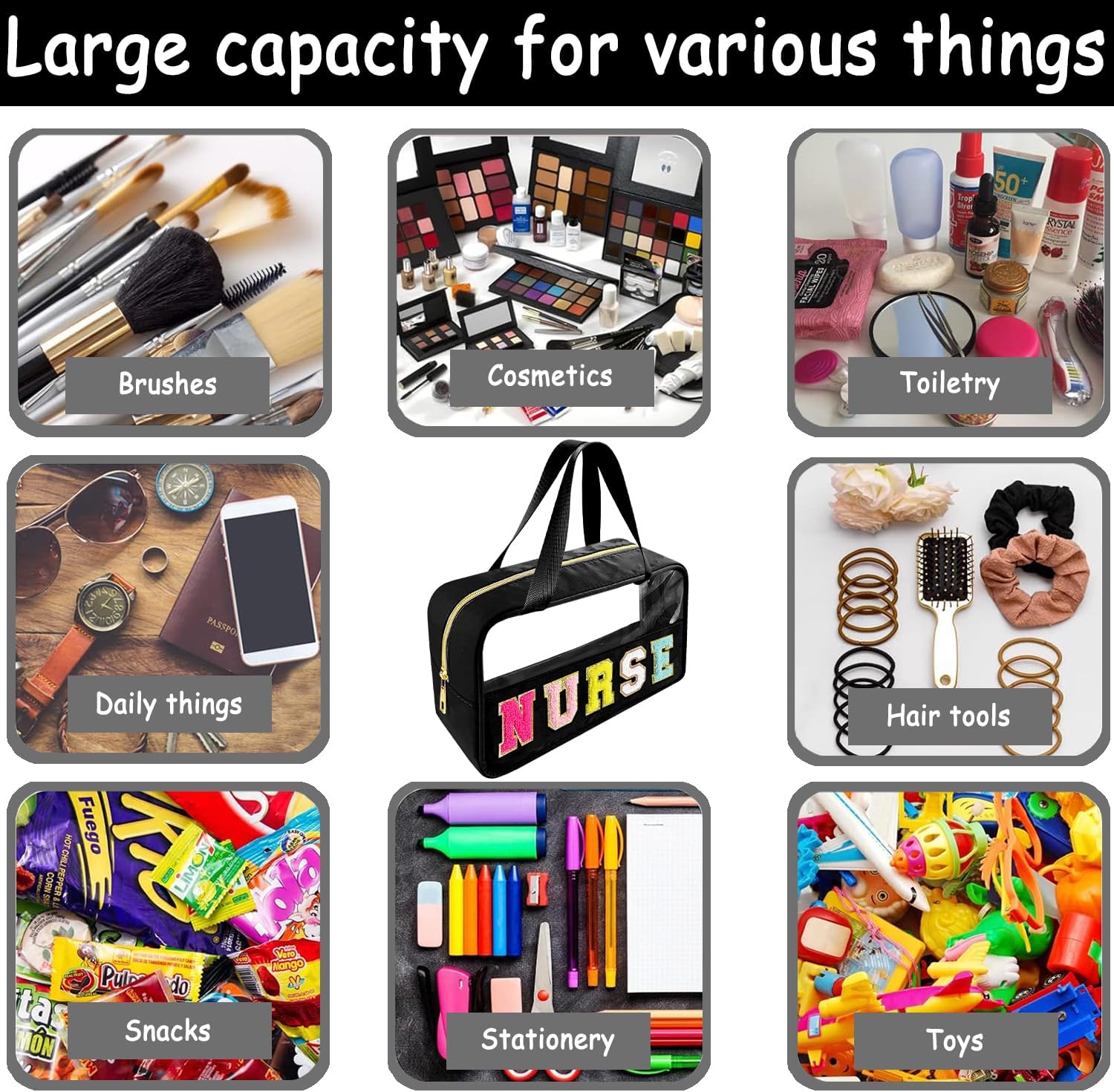 Chenille Letter Clear Makeup Bag Nurse Patch, Travel Toiletry Makeup Bag with Handle, Nylon Waterproof Makeup Bags clear cosmetic bag, preppy patch makeup bag for Women (NURSE-Black) - Image 5