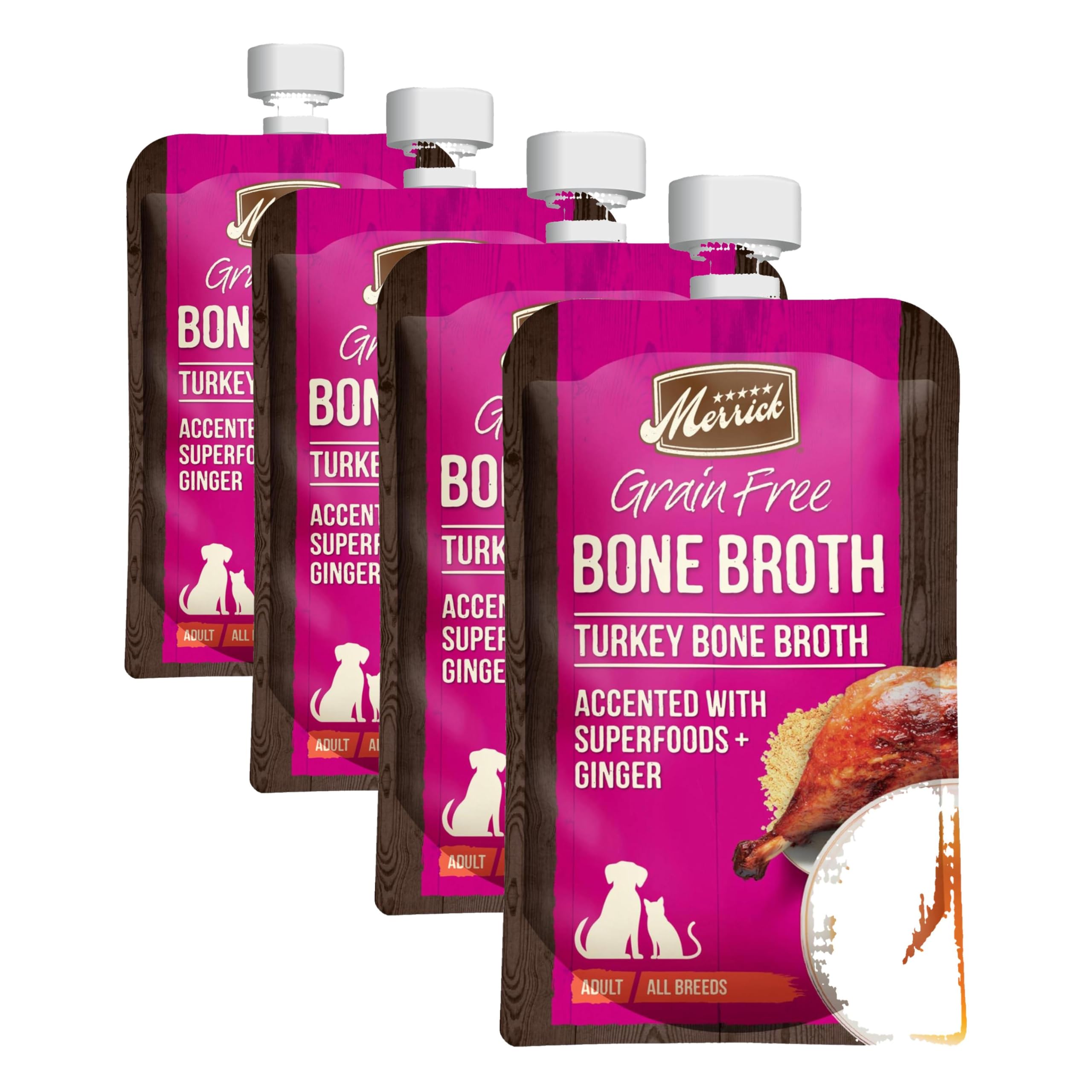 Merrick Grain Free Bone Broth, Premium Human Grade And Gluten Free Dog And Cat Food Topper Pouches, Turkey - 7 oz. Pouch (Pack of 4)