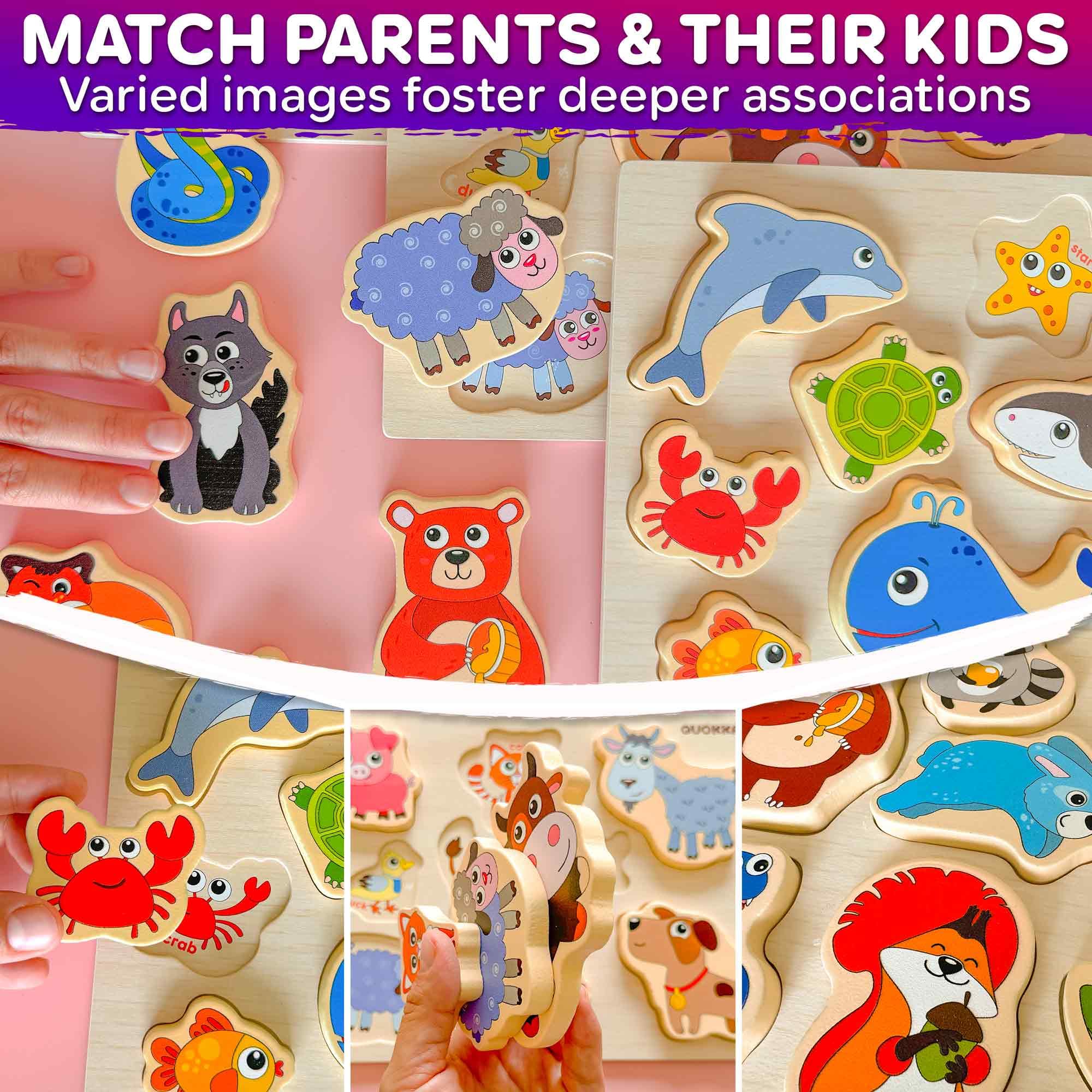 QUOKKA Toddler Educational Toys for 1 2 3 Year, 3 Set Wooden Chunky Puzzles for 2 3 yo, Montessori Learning Toys with Animals - Image 3