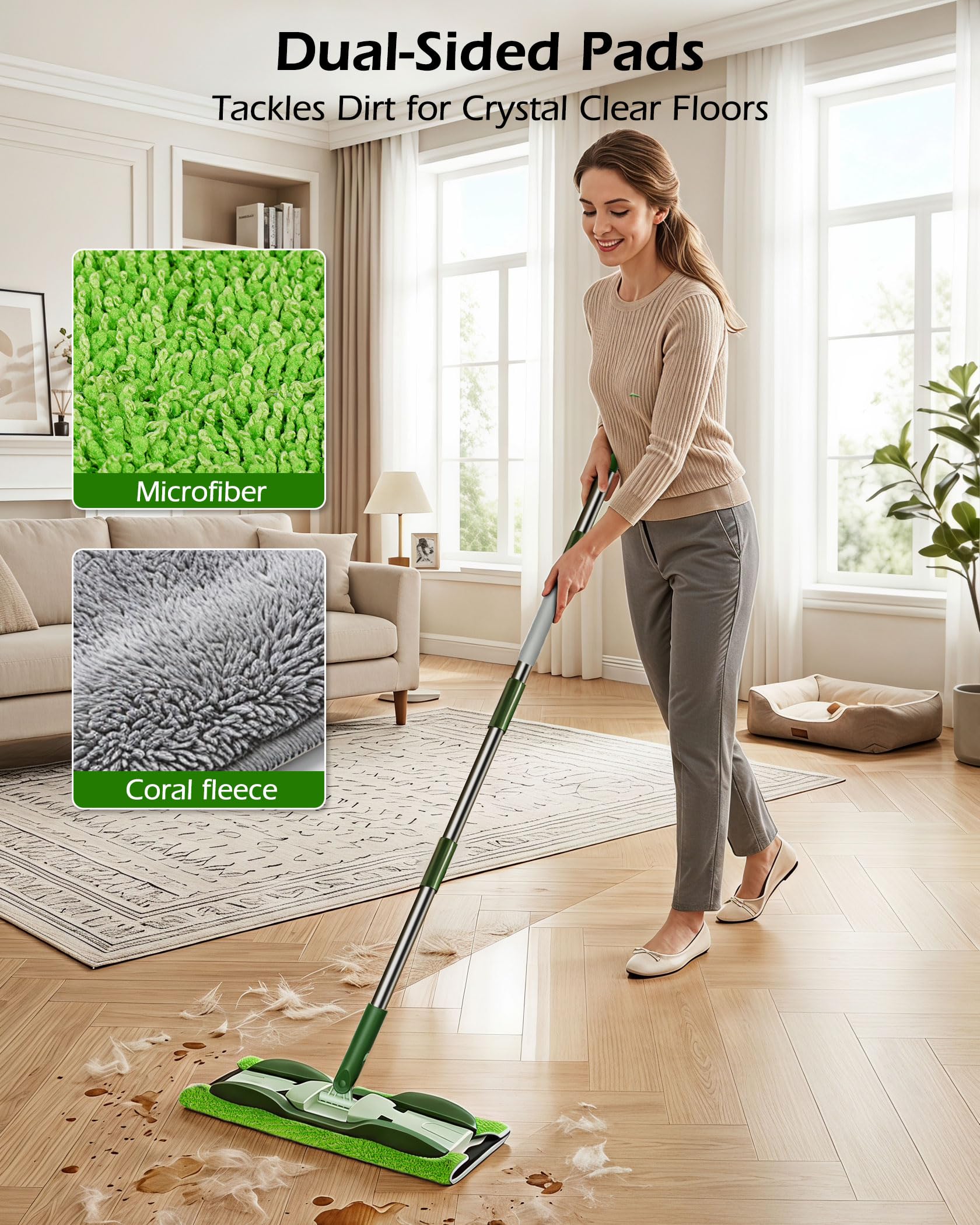 MASTERTOP Balai en Microfibre – Balai à poussière pour sols Plats humides et secs avec 4 tampons lavables et poignée en Acier Inoxydable de 132,4 cm pour Le Nettoyage des sols en Bois Dur, stratifié,