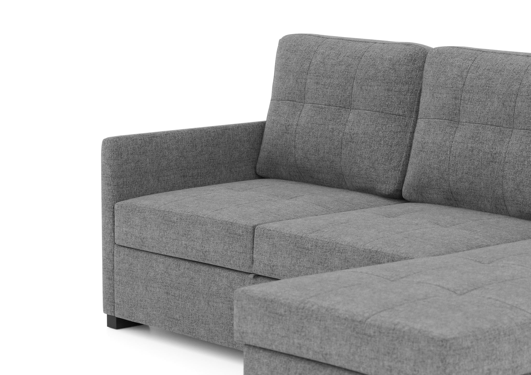 BUDWING Enzo Sofá Cama Esquinero 4 Plazas – Chaise Longue Reversible, Arcón de Almacenaje y Respaldo Reclinable – Estilo Contemporáneo, Tejido 100% Poliéster – 230x147x94 cm – Gris
