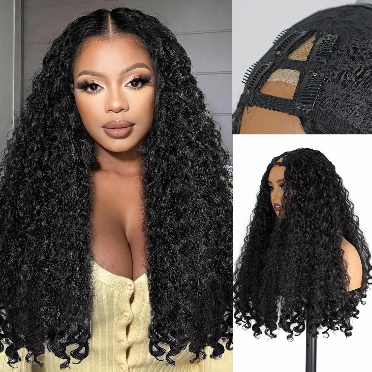 Photo 1 of Beautier Afro V Part Wig Burmese Curly Wigs for Black Women 24 Inch Glueless Wig with Unique Bouncy Curls in the End Soft Full Hair Synthetic No Leave out Clip in V Part Wigs for Daily Use