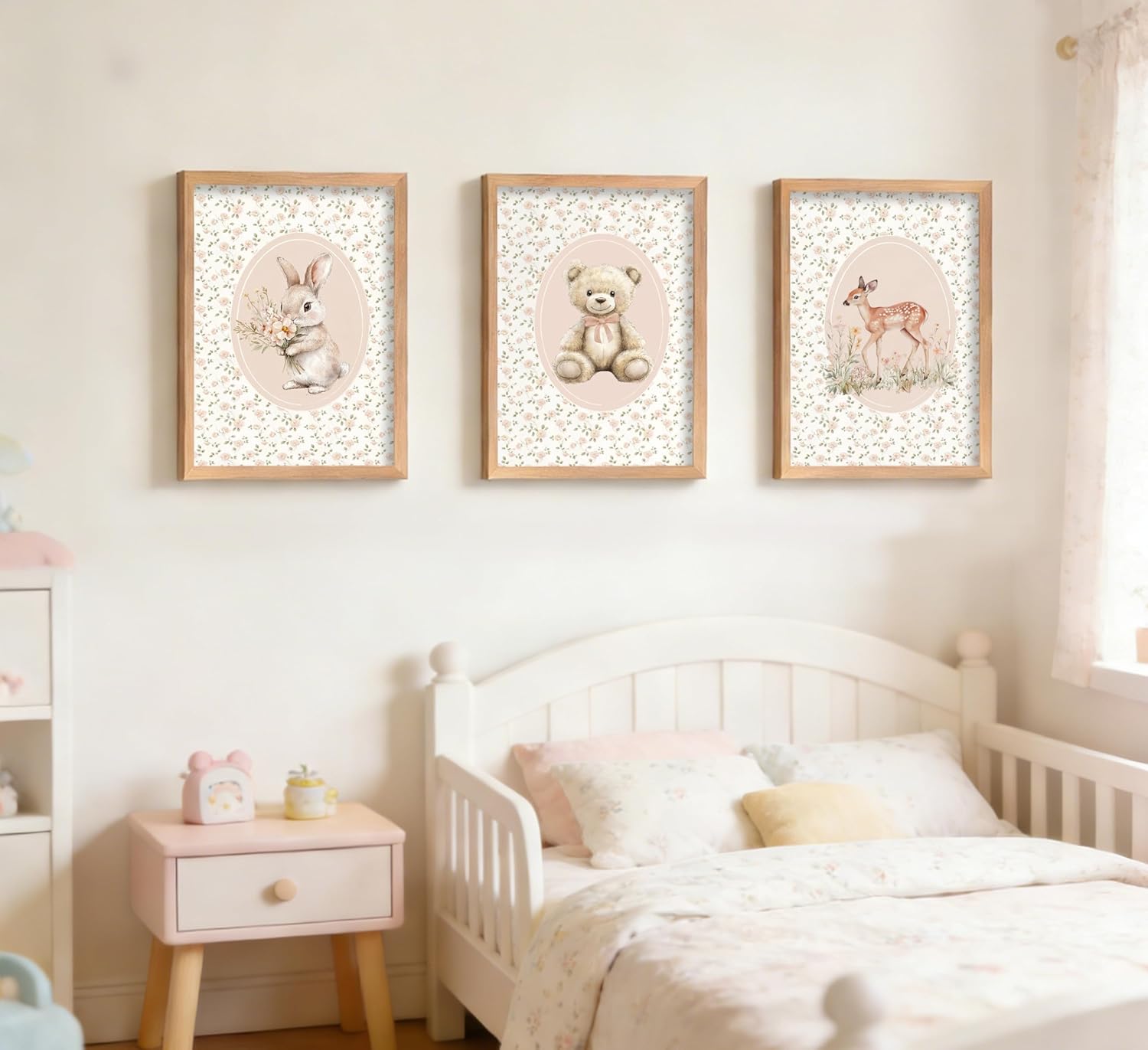 Framed Pink Girl Nursery Wall Art Vintage Sage Green Floral Woodland Animal Picture Wall Decor Bunny Teddy Bear and Deer Poster Country Farmhouse Painting Print Artwork for Baby Girl Room Bedroom