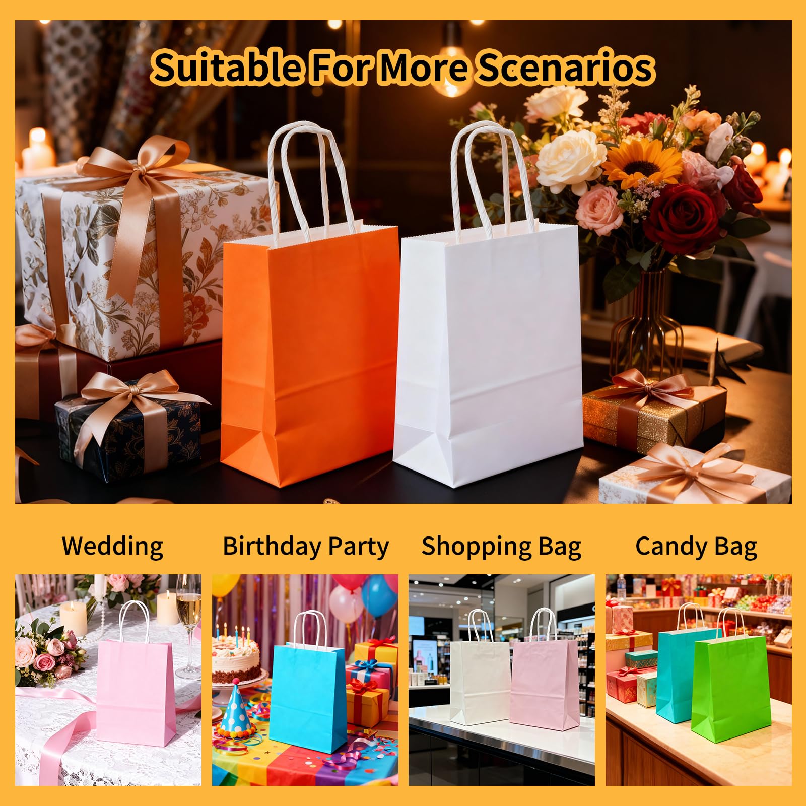XEMGUE Confezione da 36 piccoli sacchetti regalo di carta con manici, 15,8 x 7,6 x 22,5 cm, 10 colori in carta kraft, per feste di compleanno, baby shower, artigianato, matrimoni, forniture per feste