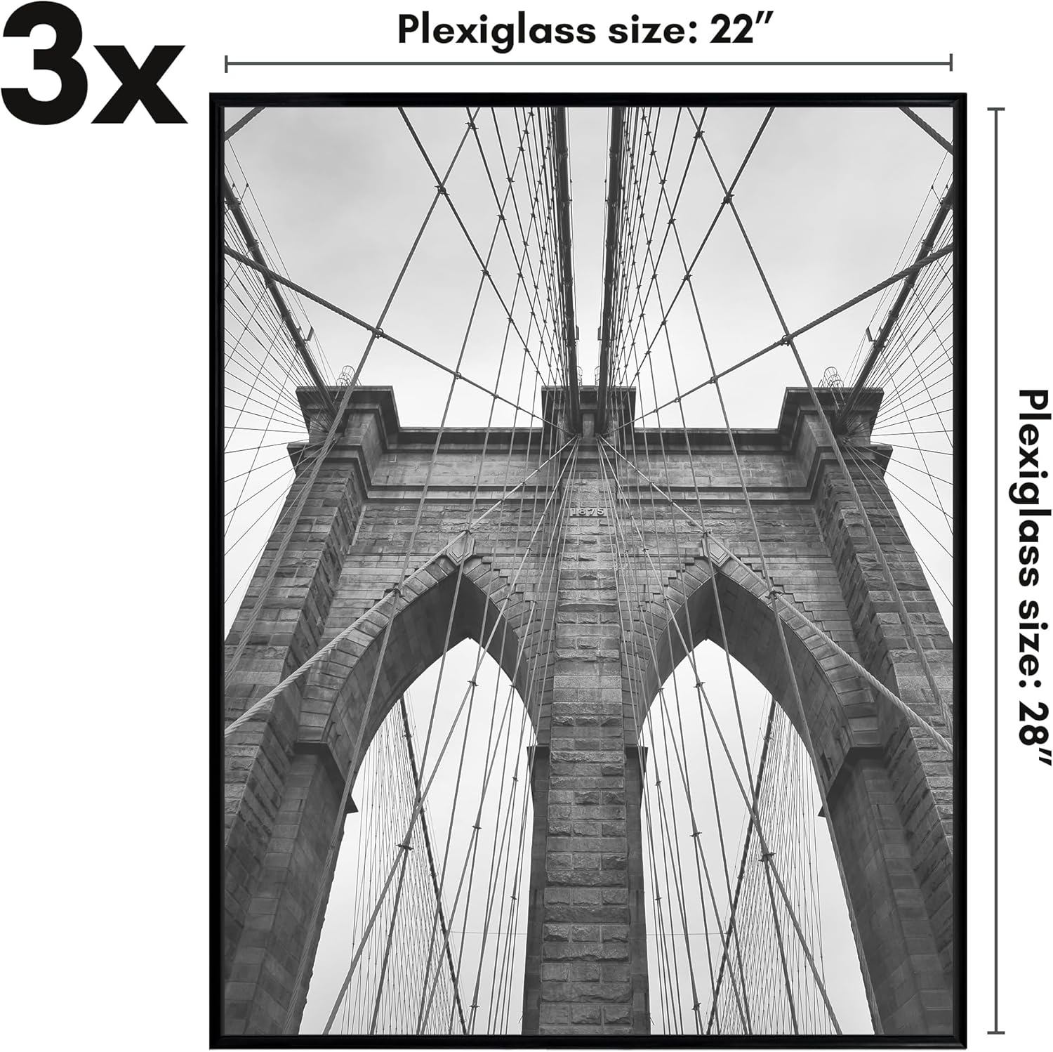 Americanflat 22x28 Poster Frame with Polished Front Cover - Set of 3 - Slide-In Photo Frame with Buildable Molding - Fusion Collection - Picture Frames for Wall Display - Black