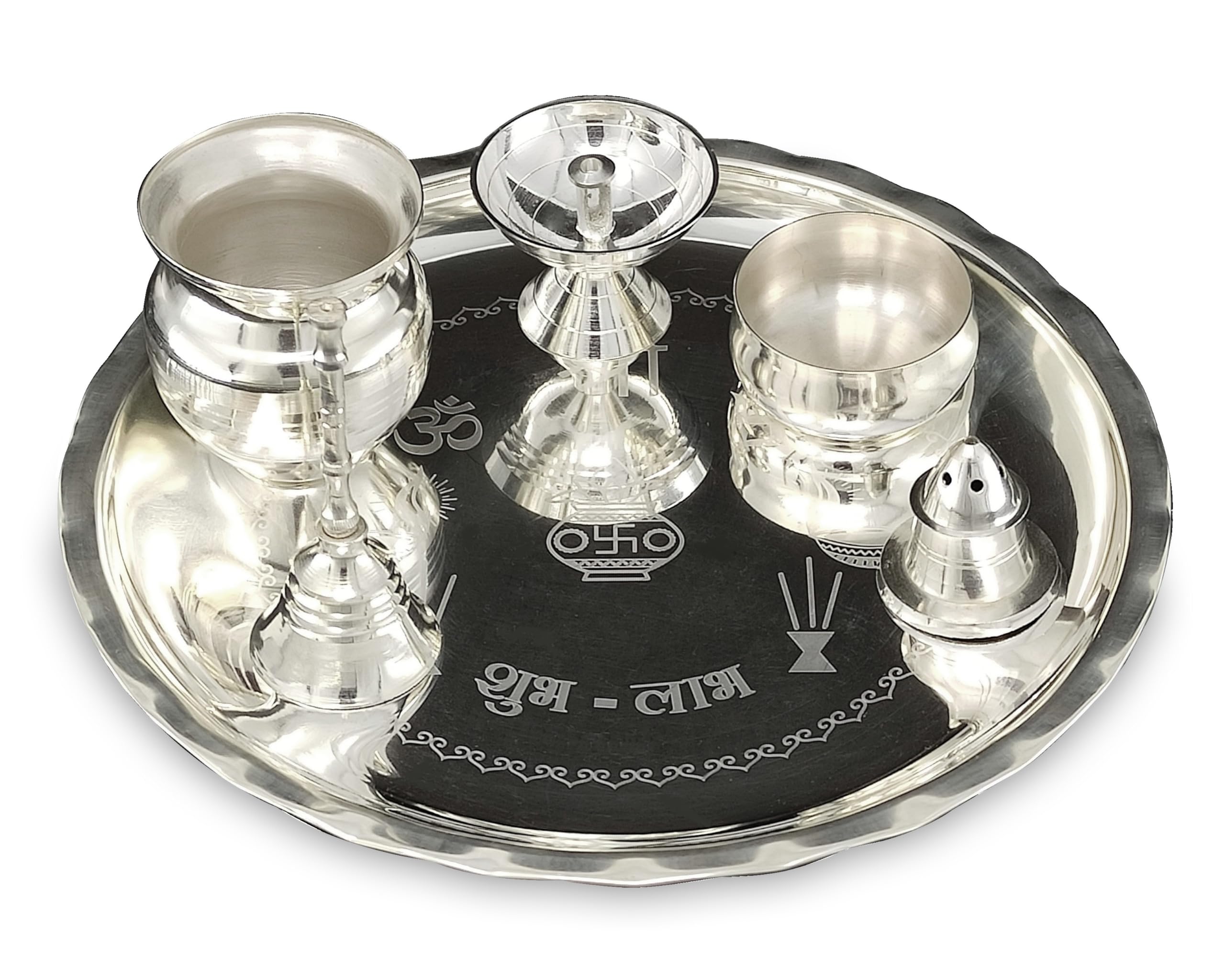 BENGALEN Silver Plated Pooja thali Set 8 Inch Plate Kalash Ghanti Pyali Diya Bowl Agarbatti Stand Puja Thali for Diwali Home Office Mandir Wedding Return Gift Items