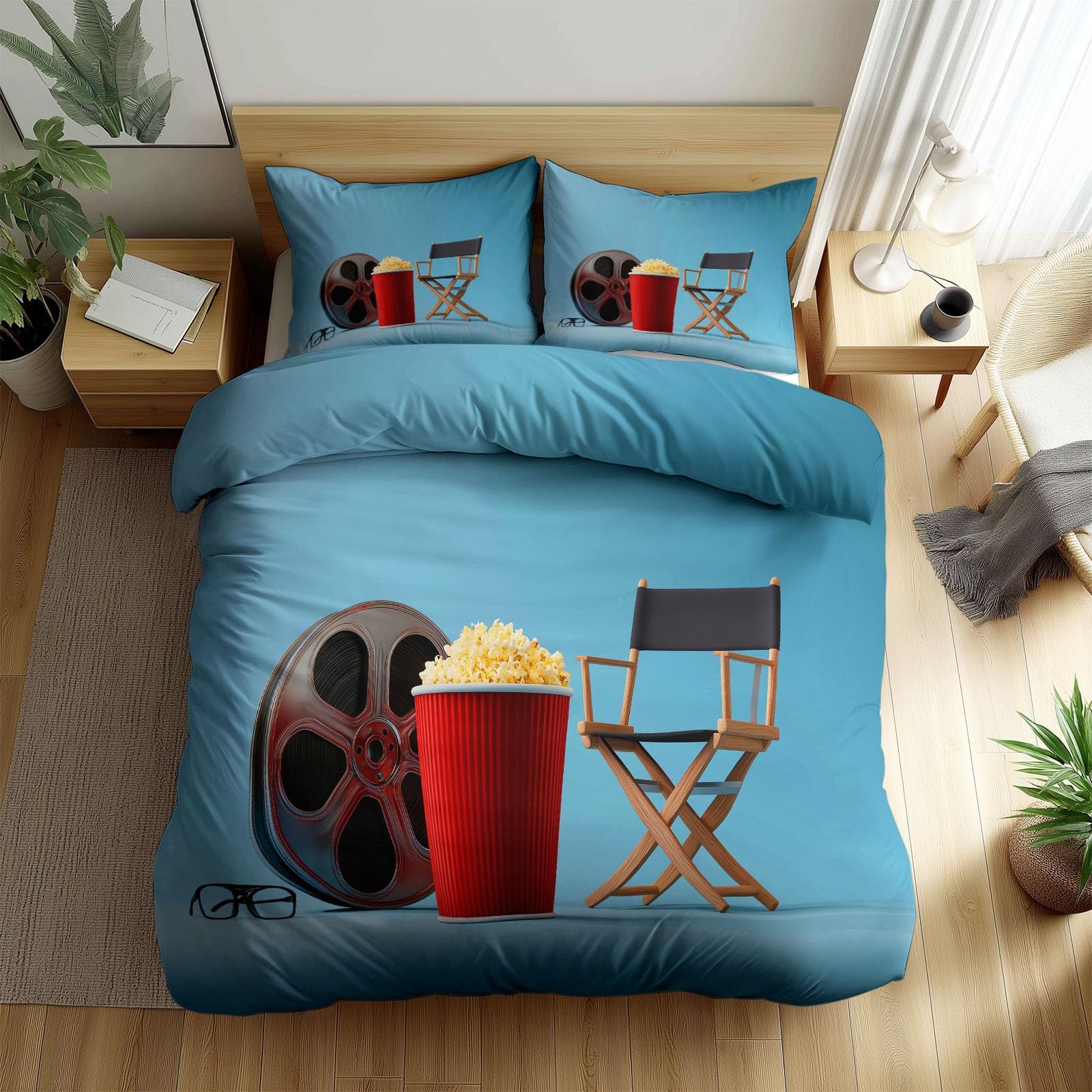 Housse de couette 200x200 cm cinéma pop-corn 3D bleu en microfibre avec 2 taies 65x65