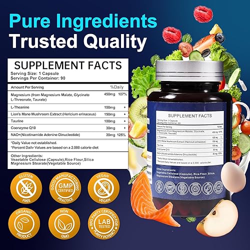 Miniatura 2 de Complejo de magnesio y energía  4 tipos de magnesio de alta absorción con hongo melena de león, L-teanina, CoQ10, taurina  Enfoque, relajación,