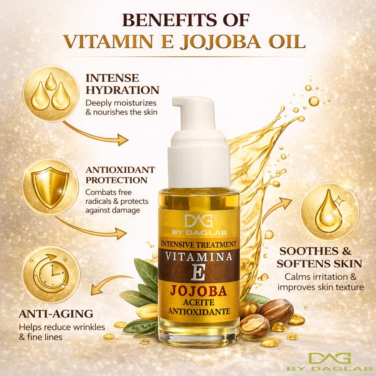 Vitamin E Oil (1.3 Fl Oz) - Intensive Treatment for Cosmetic Use | Enriched with Jojoba, Aloe Vera, Argan, and Glycerin